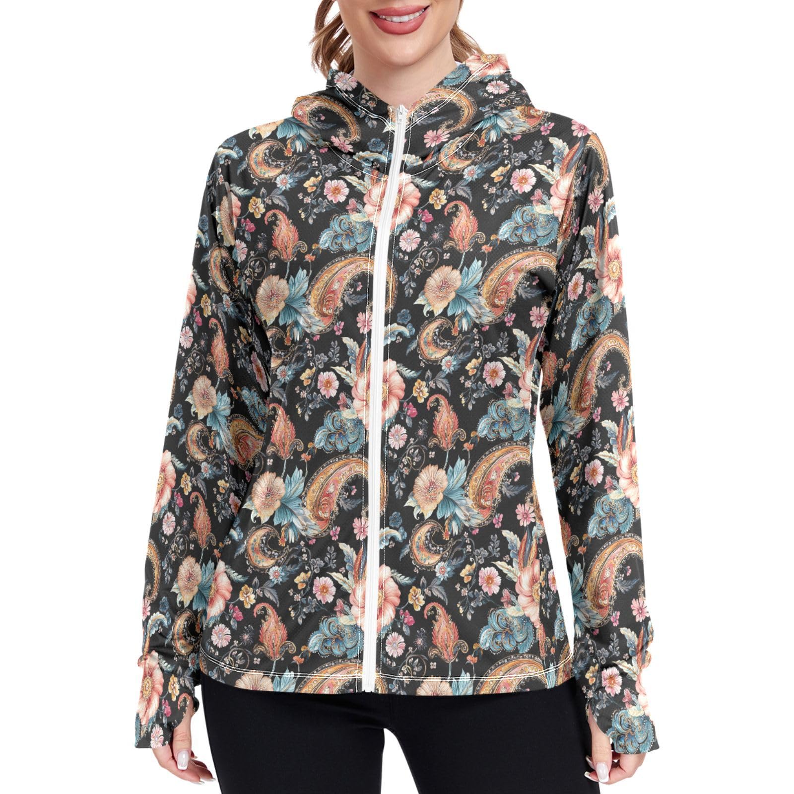 Paisley in Black Sun Protection Hoodie Jacket for Women Lightweight Womens Zip Up Jackets UPF 50+