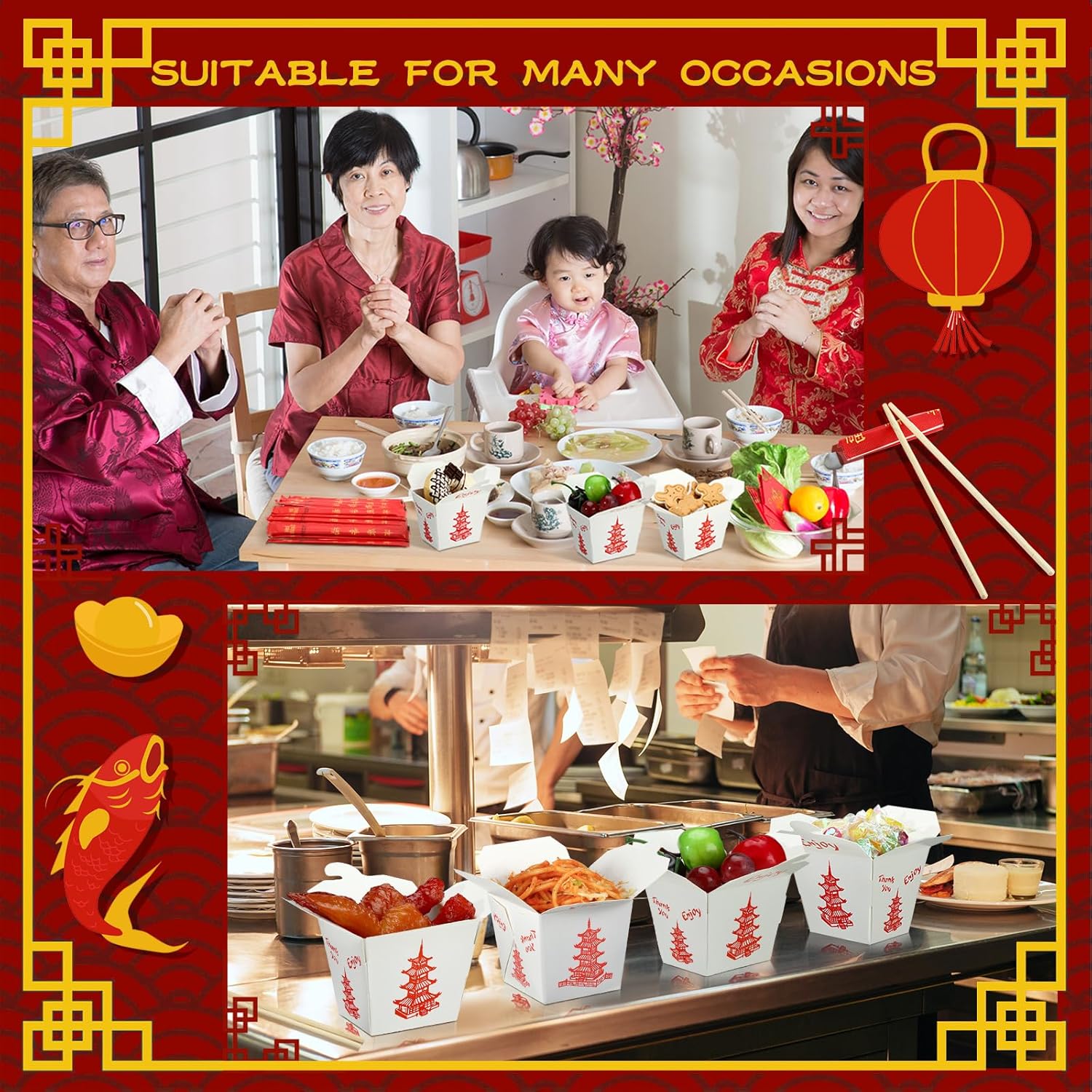 Tcy 50 Sets Disposable Paper Food Containers with Chopstis include