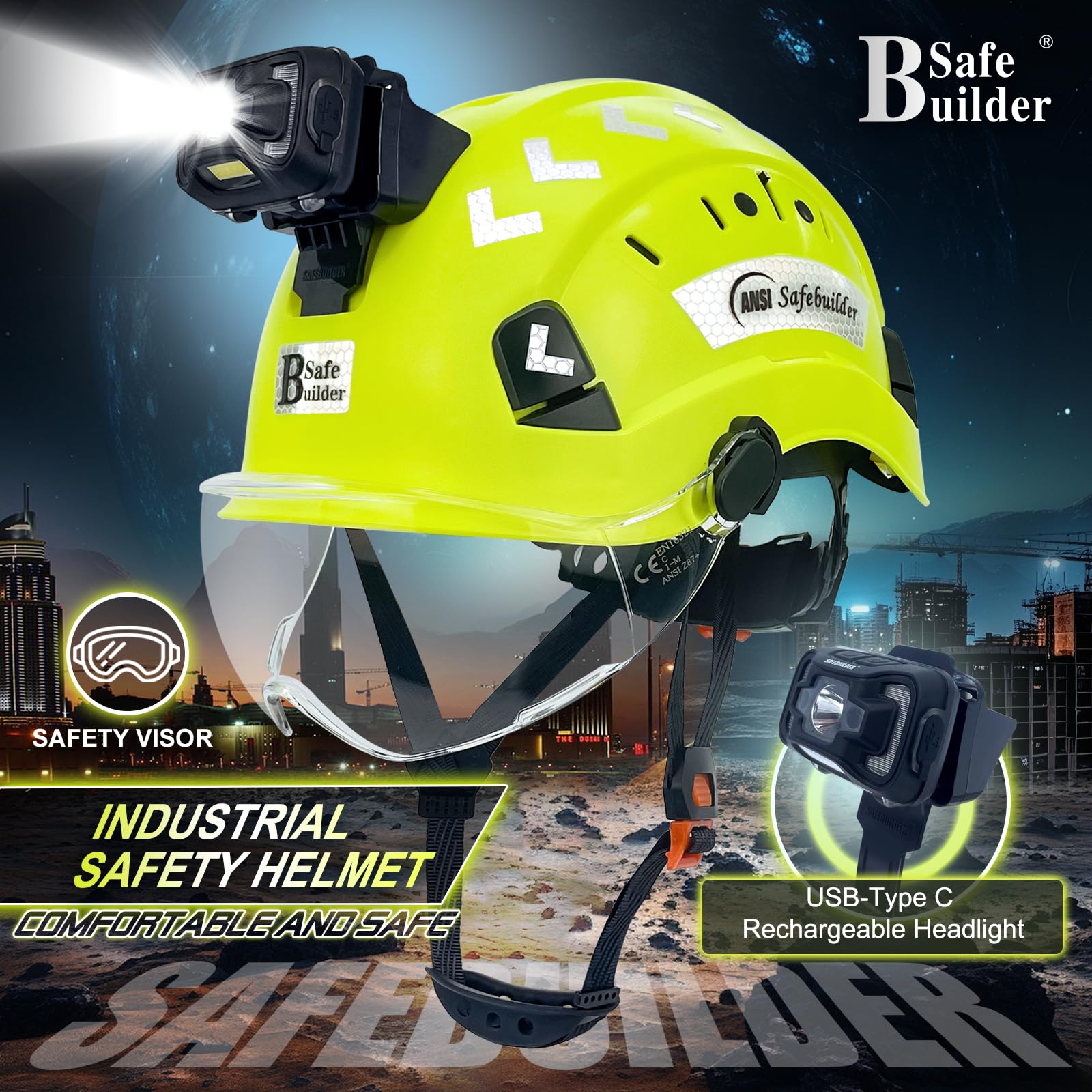 SAFEBUILDER Casque de sécurité avec phare, casque de sécurité avec visière, lampe frontale rechargeable pour homme, travail, industrie, construction, foresterie