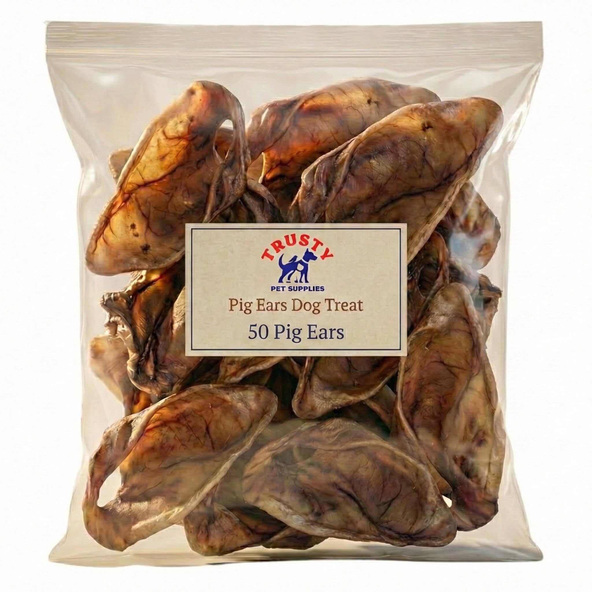 Premium Quality Large Pigs Ears (Pack of 50) | 100% Pork, Natural Dog Treats | High Protein, Low Fat | Hypoallergenic Jumbo Pigs Ears for Dogs | Grain Free Chew | By Trusty Pet Supplies