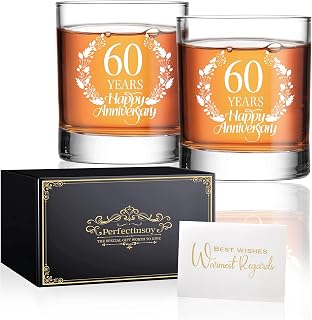 Perfectinsoy 60 Years Happy Anniversary Whiskey Glass Gift Set, 60th Anniversary Wedding Gift For Mom, Dad, Grandparents, Soulmate, Couple, 60 Years Gifts, Happy 60th Anniversary Birthday