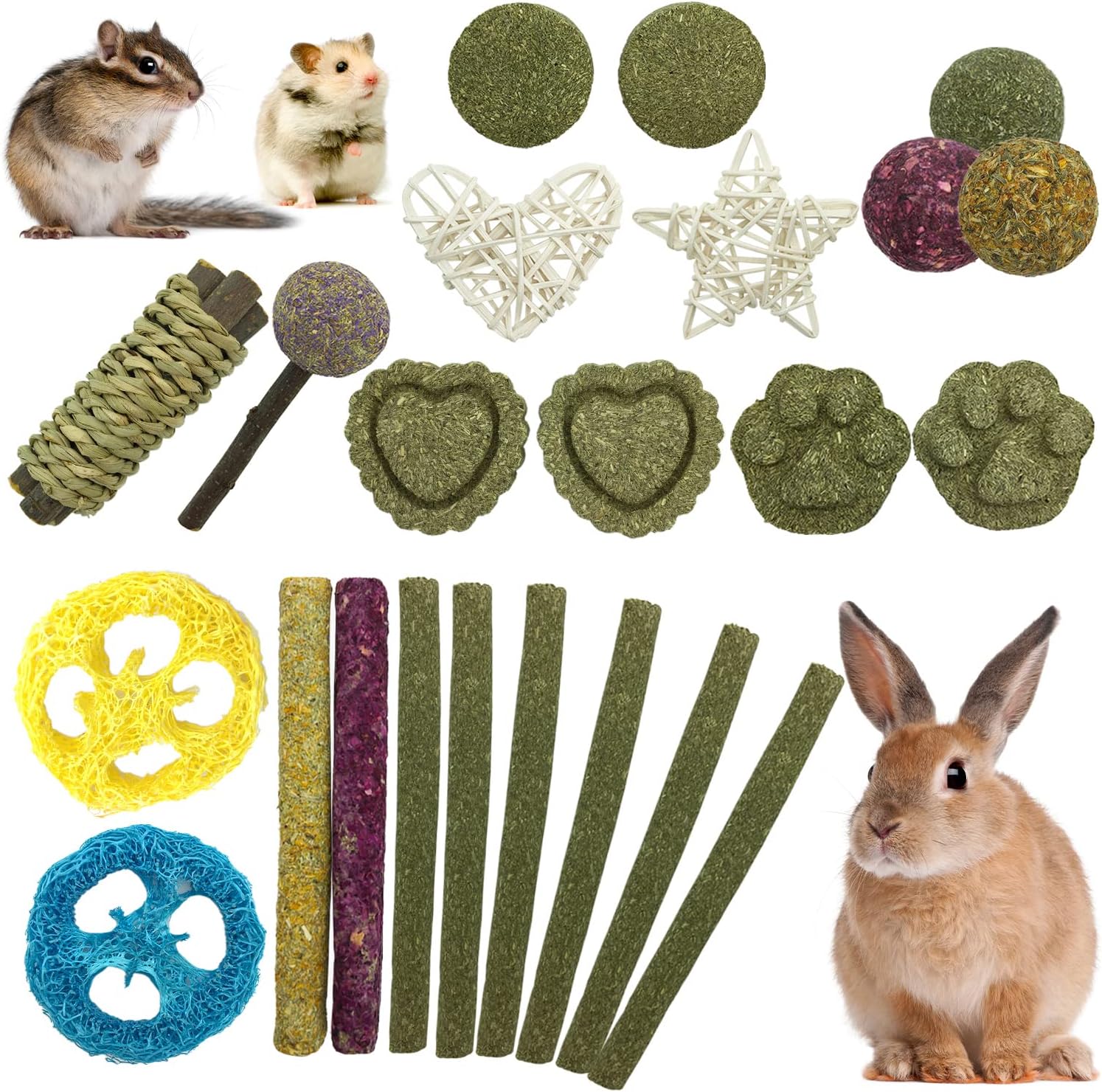 Rabbit Toys Guinea Pig Toys Bunny Toys 23PCS, Rabbit Chew Toys for Teeth Care, Natural No Strong Smell Timothy Hay Sticks Chew Treats…