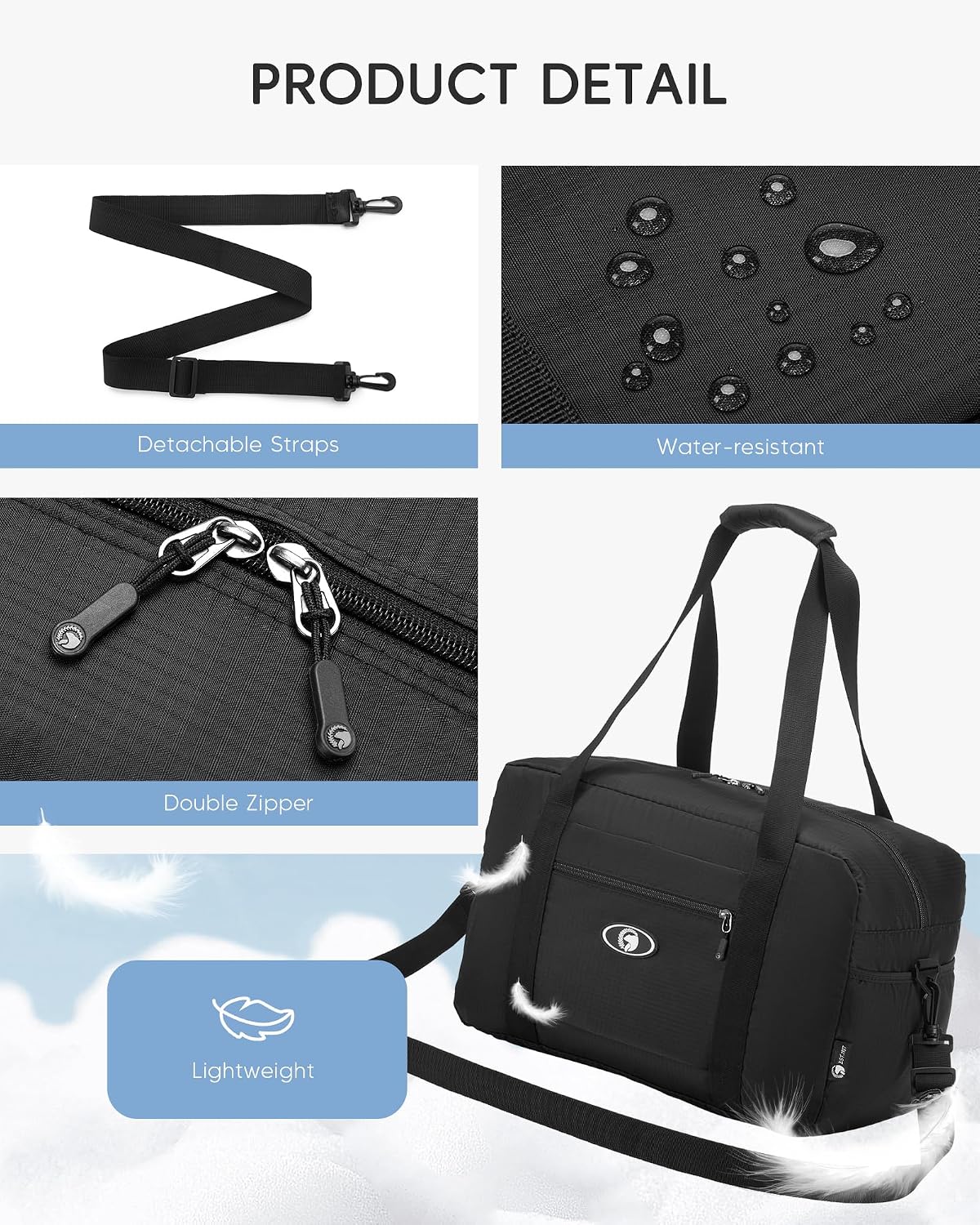 Airlines Personal Item Bag 17x10x9 Duffle Bag 40x25x20cm Duffel Hospital Shoulder Weekender Overnight Bags, Black image 4