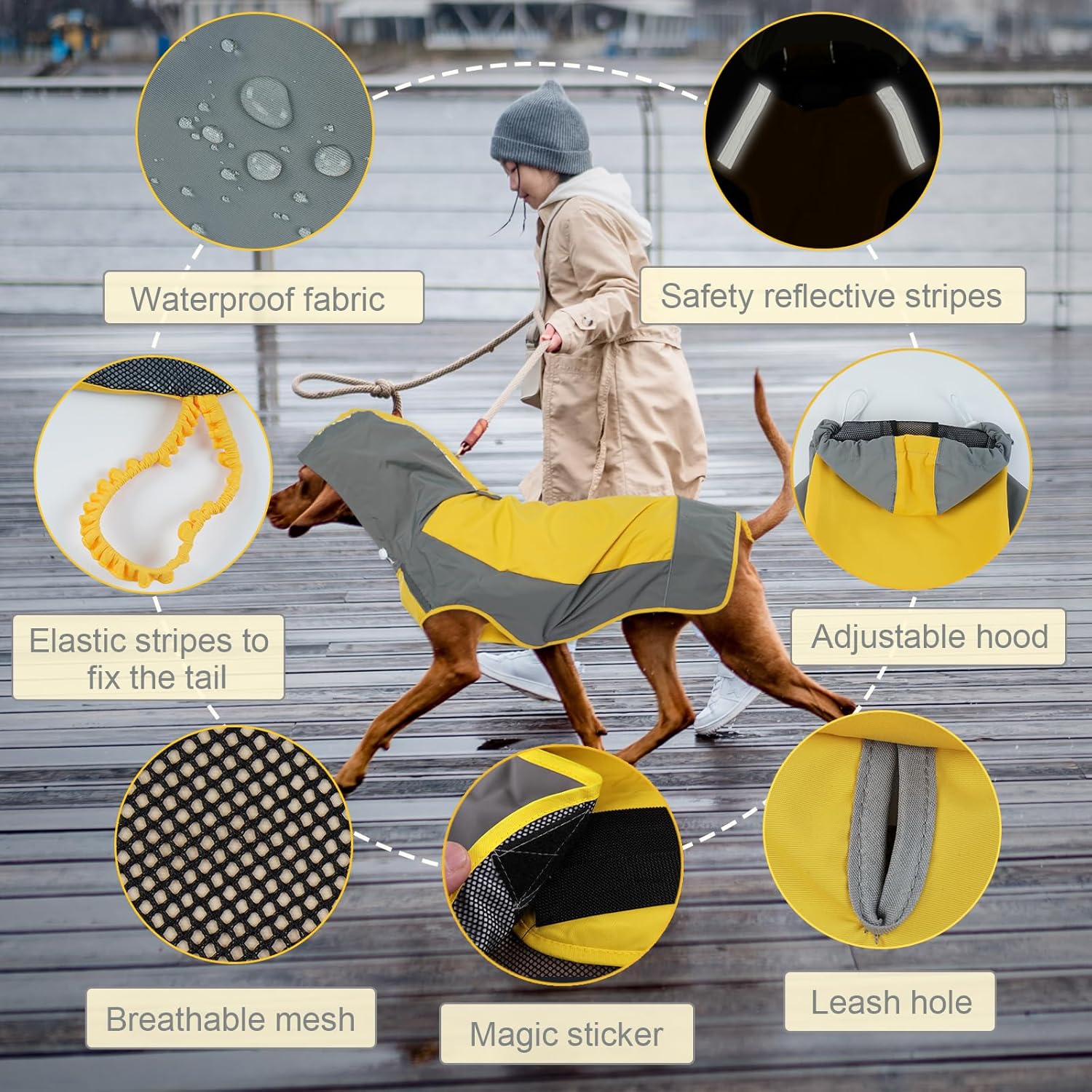 IECOii Dog Raincoat, Waterproof & Windproof Dog Rain Jacket with Reflective Strips for Rainy Walks,Pet Rain Poncho with Hood,Quick Dry,Easy to Wear,3XL Fits for Large Breeds,Yellow,XXXL