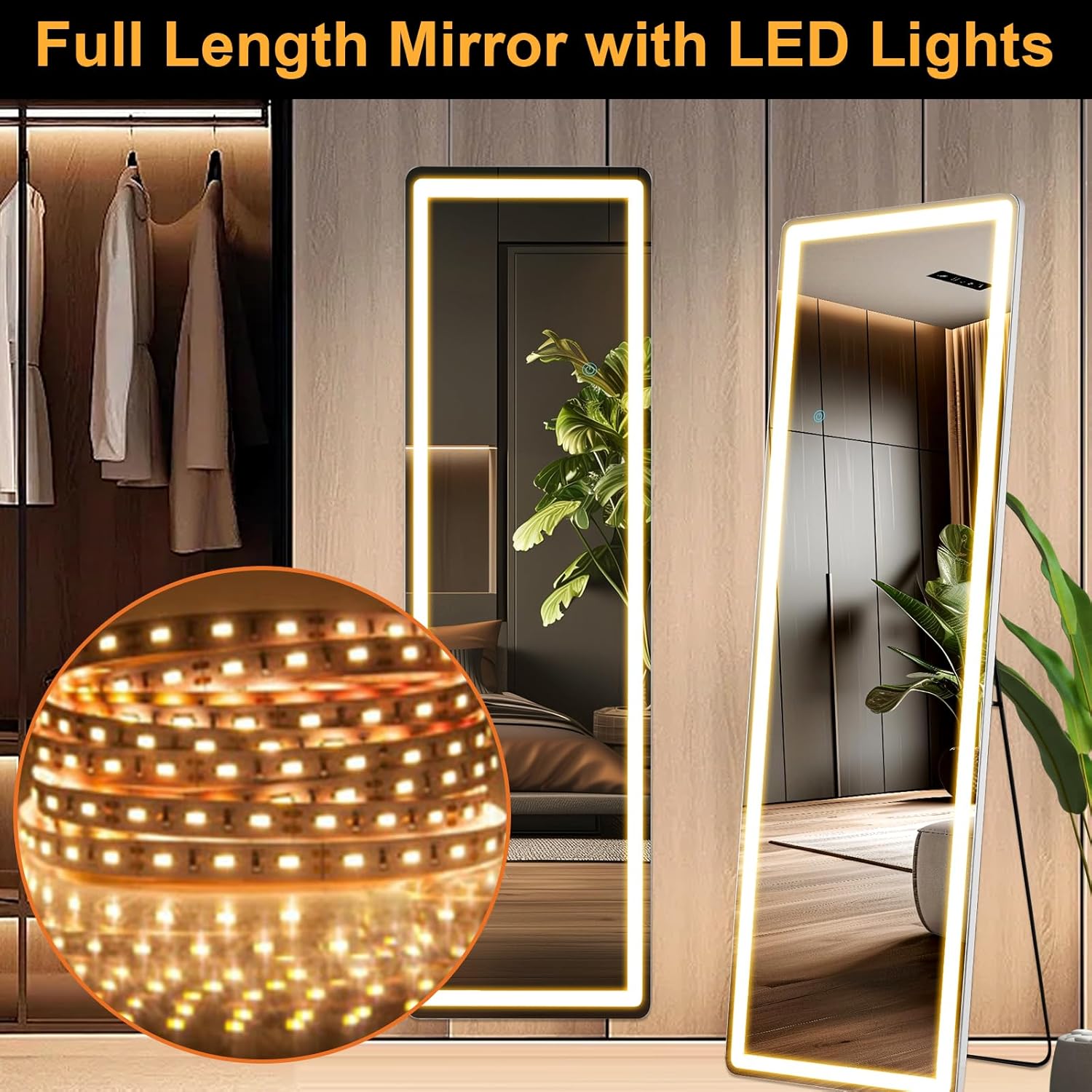 60" x 16" Full Length Mirror with LED Lights LED Floor Mirror with Dimming & 3 Color Lighting Aluminum Alloy Frame Nano Glass Freestanding or Wall Mounted for Bedroom Dressing Room Rectangular