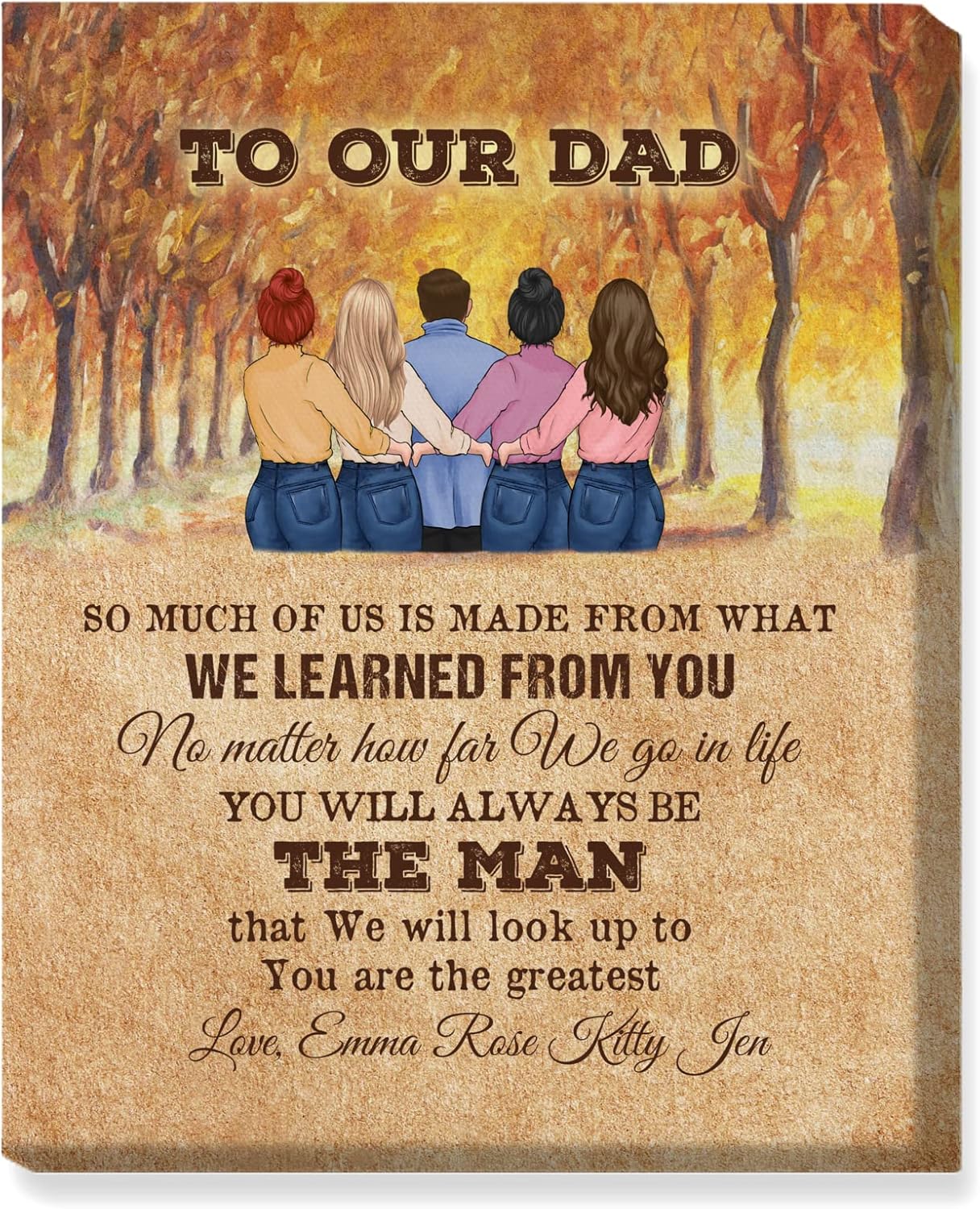 Gossby Custom Dad Wrapped Canvas - Gift for Dad from 4 Daughters with Designs, Names, Message, Fall Background - Birthday, Christmas, Fathers Day Personalized Dad Gift - Father Daughter Gift