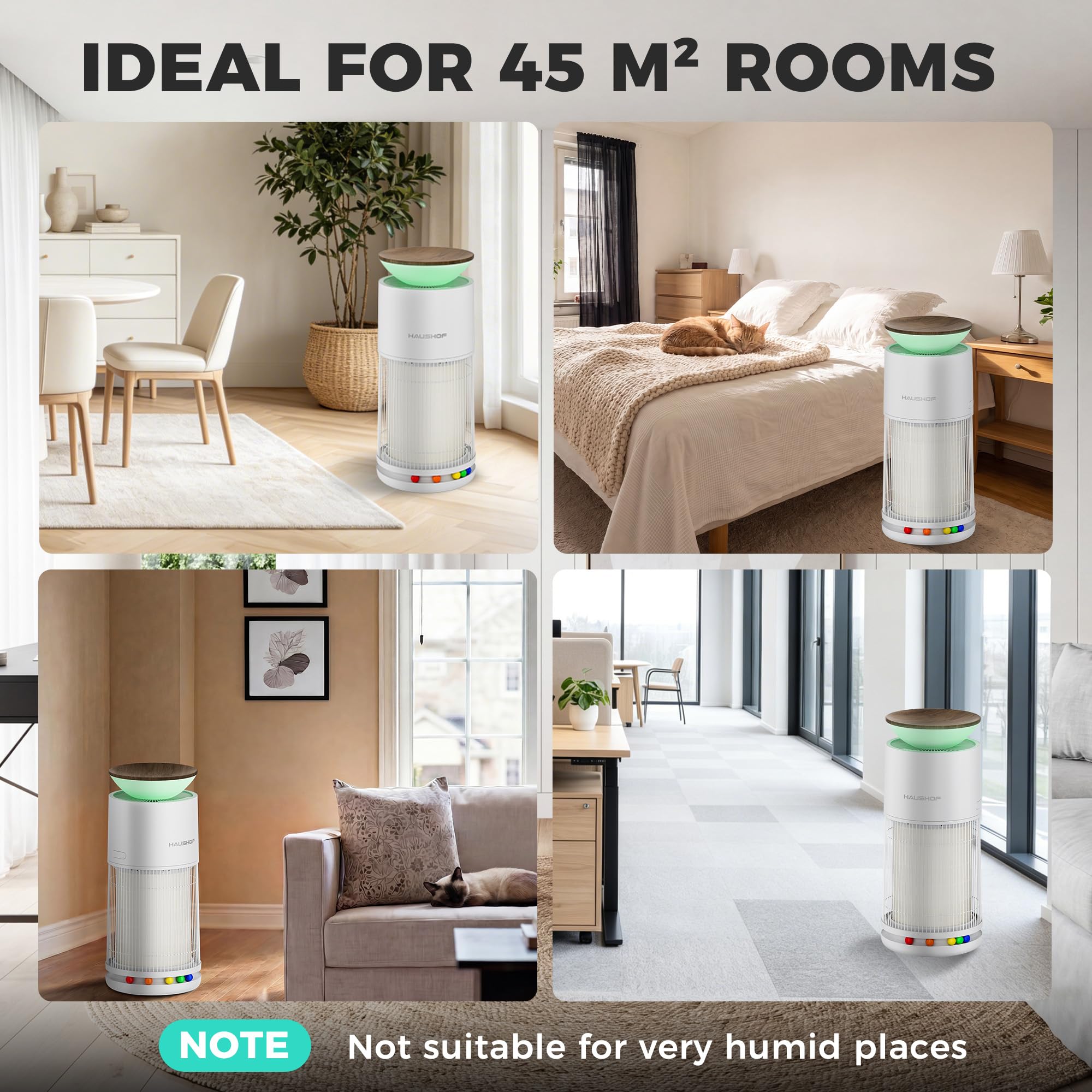 HAUSHOF HEPA H13 CADR oczyszczacz powietrza 380 m³/h do 45 m² | Filtracja 4 w 1, czujnik PM2.5, tryb zwierzaka z interaktywną platformą dla kotów i piłek, aromaterapia