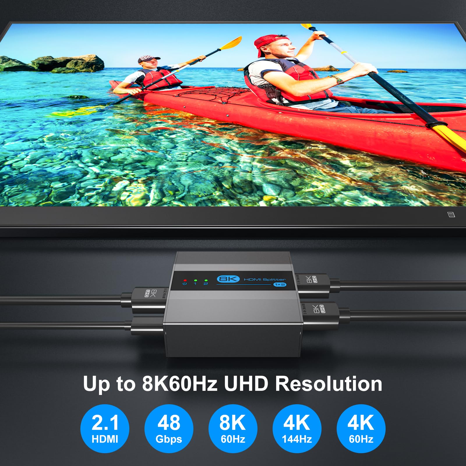 VEDINDUST Splitter HDMI 4K120Hz 8K60Hz Repartiteur 1 Entree 2 Sorties HDMI 2.1 HDCP 2.3 Bypass Prise en Charge de l'EDID HDR10 UHD pour PC Console TV Xbox DVD etc Ne Prend Pas en Charge l'extension