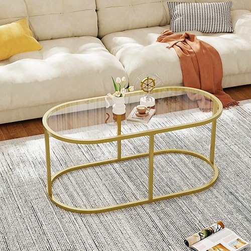 Miniatura 5 de Mesa de centro de cristal dorado Mesas de centro para sala de estar, Mesa ovalada Mesa central con marco de metal resistente, Mesas decorativas Oro
