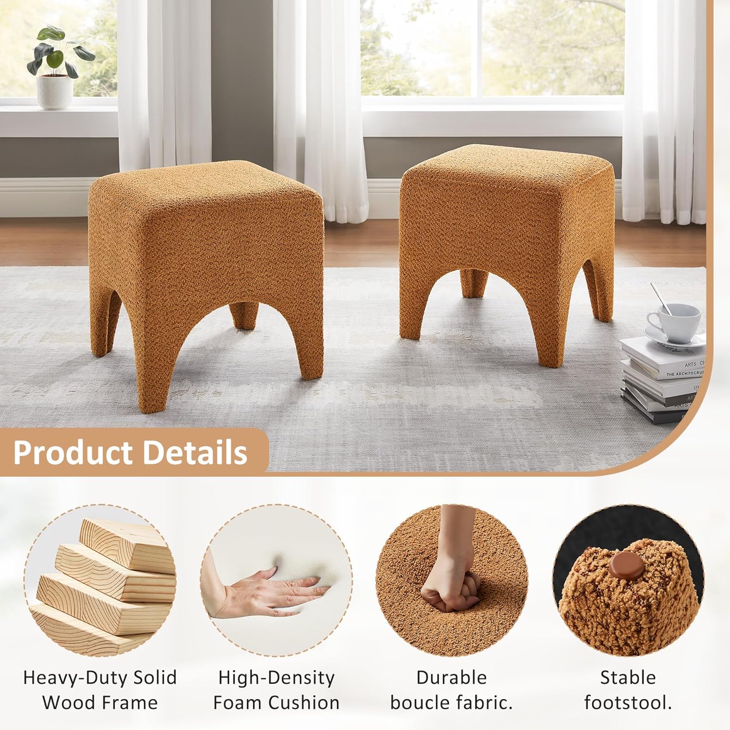 17" Boucle Modern Square Foot Stool Ottoman, Vanity Stool for Makeup, Rectangle Foot Rest for Couch, Upholstered Ottoman Stool for Living Room, Bedroom, Entryway (2, Curry)