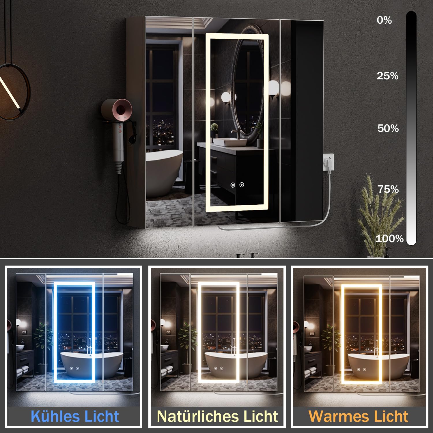 Armario con espejo para baño con iluminación y enchufes y USB, 80 x 16 x 80 cm, armario con espejo con iluminación, 3 puertas, función de deshumidificación, 3 temperaturas de color, regulable