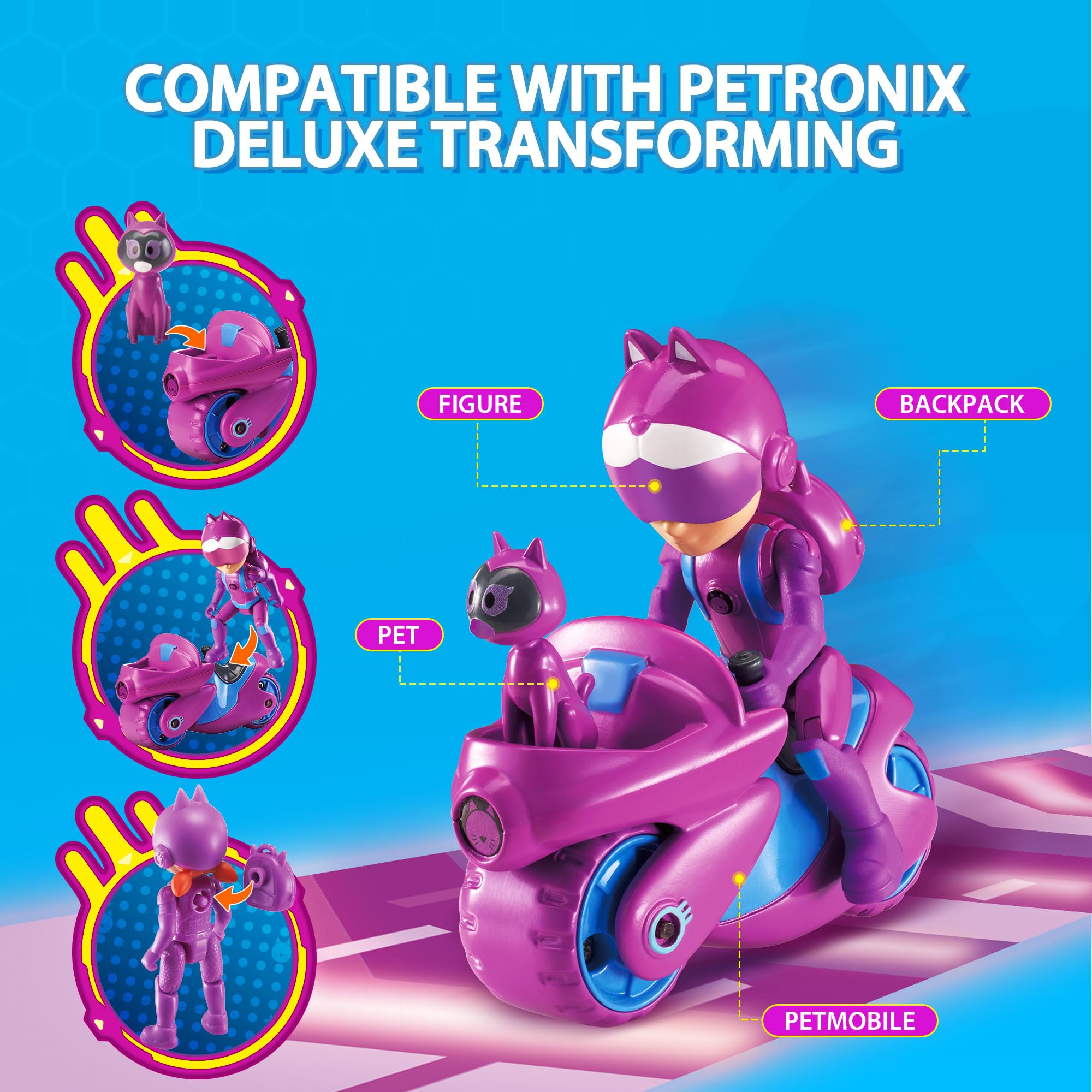 AlphaToys Petronix Defenders EU820020 - figurka Emma & Pet Kitt-10, figurka do zabawy dla dzieci o wielkości ok. 8 cm z towarzyszem zwierząt, w zestawie z telefonem dla zwierząt domowych i plecakiem