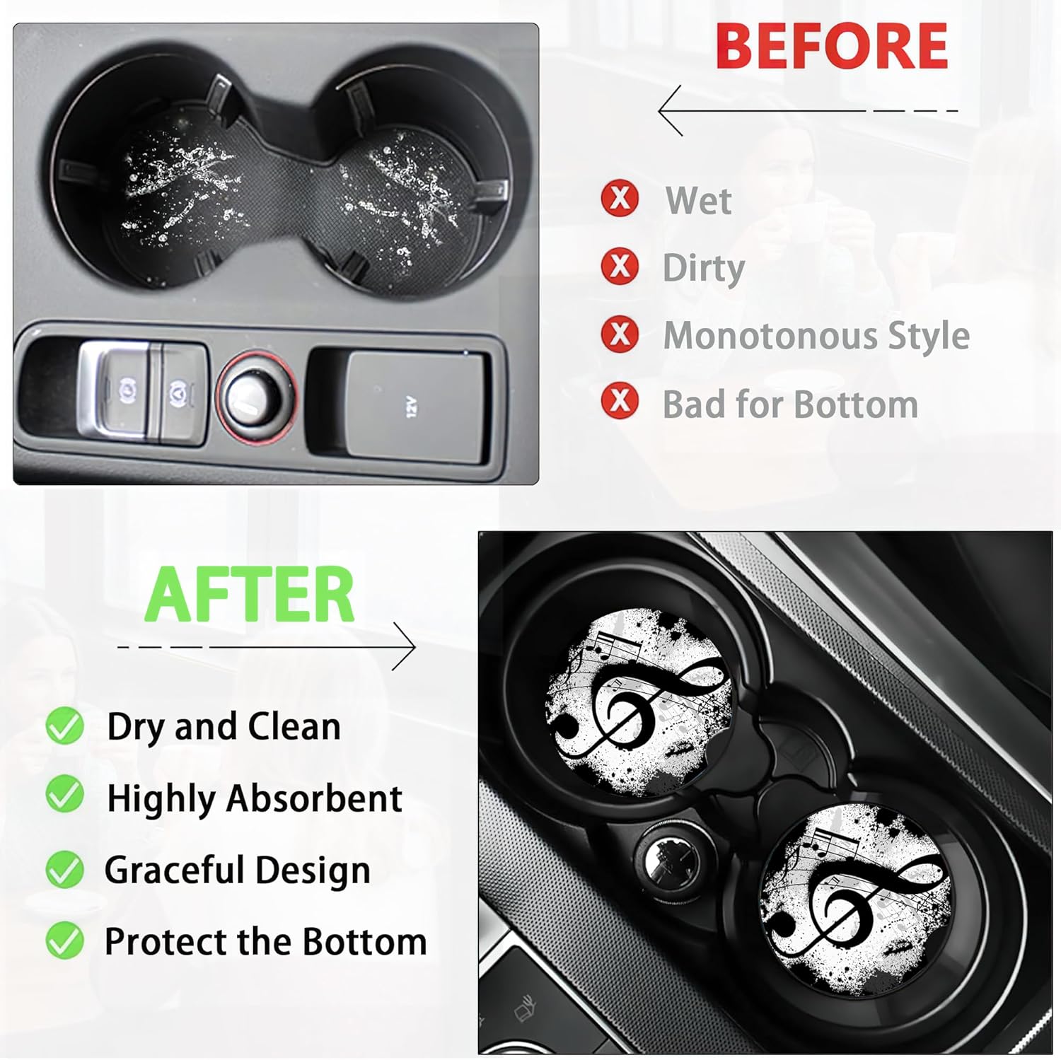 Black Music Notes Car Coasters for Women 2 Pack,Abstract Absorbent Car Coasters for Cup Holders Insert Ceramic Anti Slip with Finger Notch & Cork Base Auto Accessories Gifts - Image 5