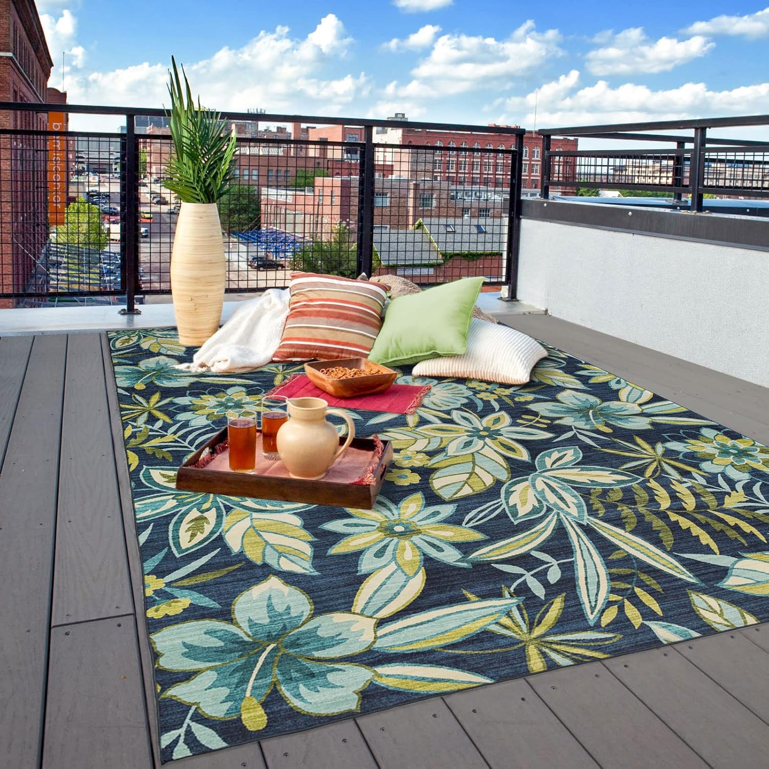DECOMALL BLODWEN Indoor Outdoor Rugs, Floral Botanical Leaf Tropical Area Rug for Bedroom Livingroom Deck Backyard Balcony Patio,Blue Green 3’6”x5’6”