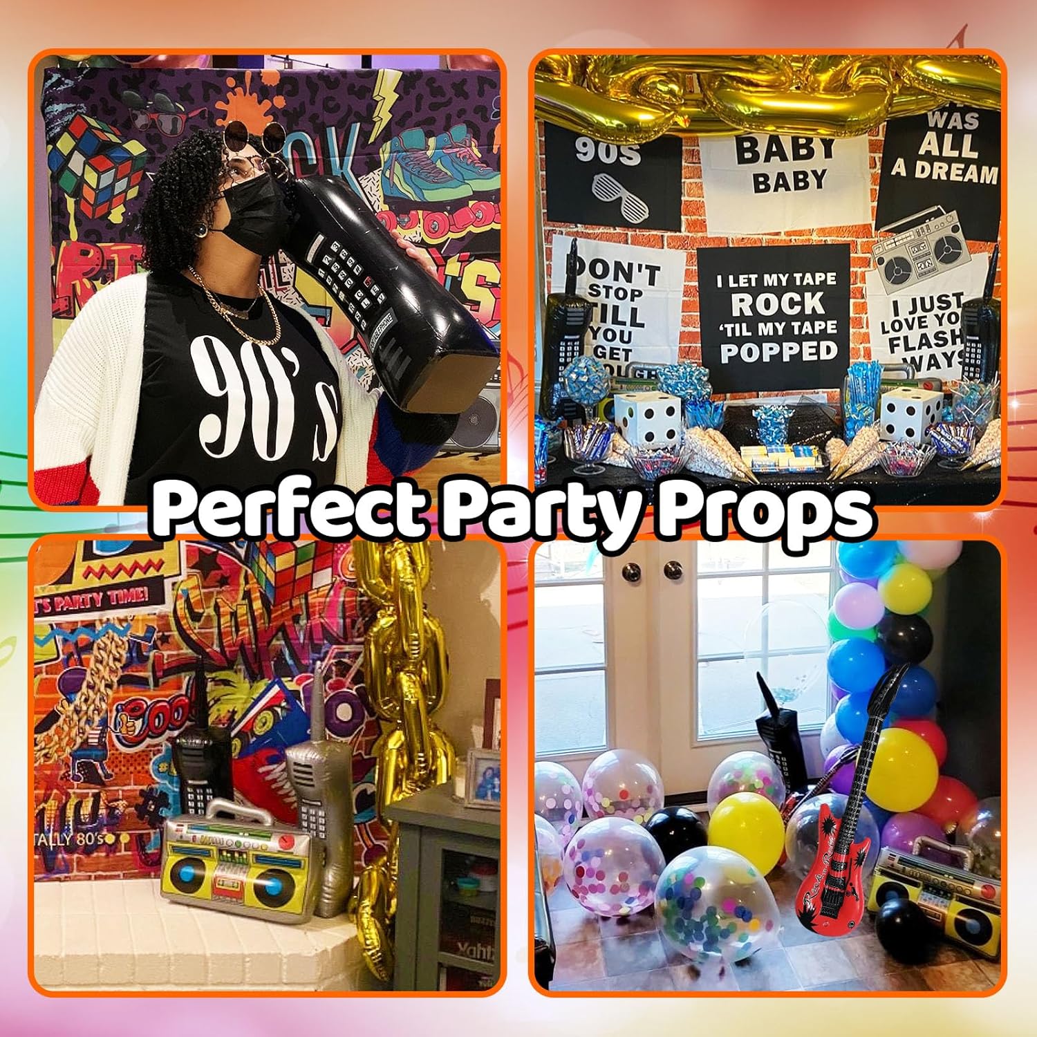 8 Pcs Inflatable Radio Boombox Retro Inflatable Mobile Phone Rock Inflatable Guitar Toy Set,Blow up Props for 80s 90s Party Decorations,Hip Hop Theme Birthday Party Supplies - Image 5