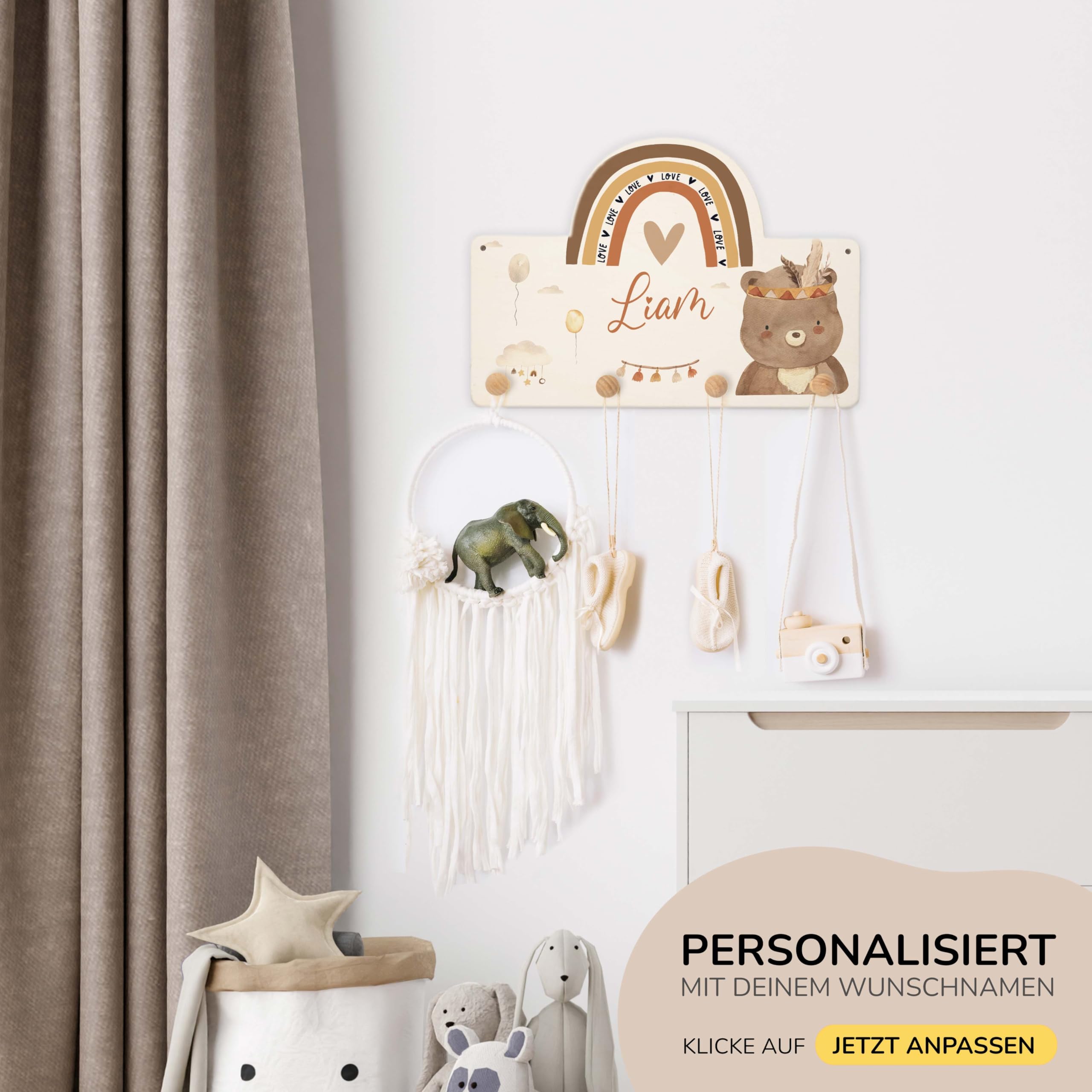 Kidsmood - Kindergarderobe Personalisiert mit Namen - Wandgarderobe mit 4 Hacken aus Holz inkl. Dübel & Schrauben - Garderobe für Baby & Kleinkinderzimmer - Geschenk zur Geburt & Taufe [40x27,5 cm]