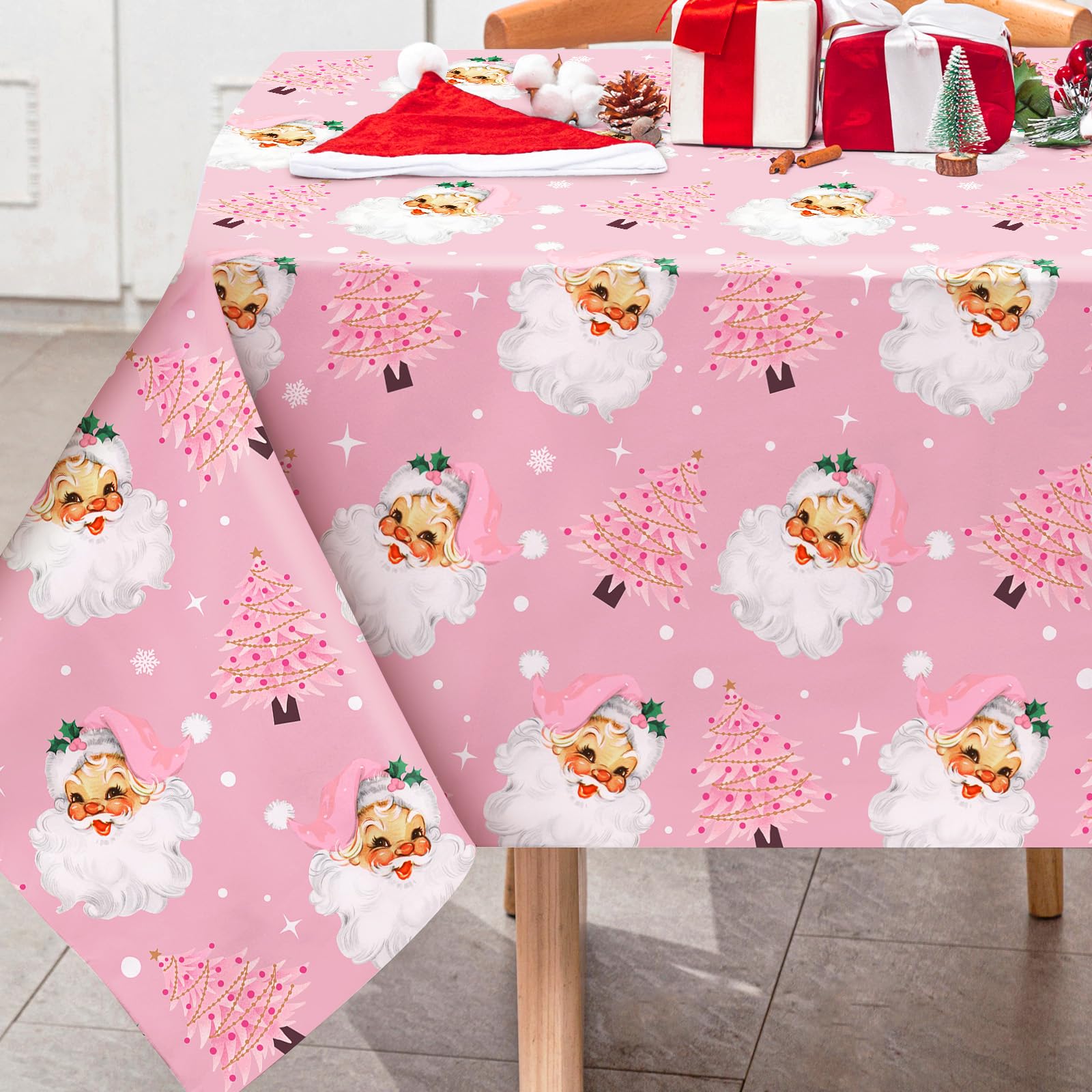 Pink Christmas Tablecloth Xmas Tree Santa Claus Rectangle Table Cloth Washable Table Cover for Picnic Dining Decor, 60 x 104 Inch