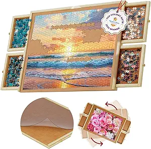 1000 Piece Wooden Jigsaw Puzzle Table - 4 Drawers, Rotating Puzzle Board | 30” X 22” Jigsaw Puzzle Board | Puzzles Cover Included - Portable Puzzle Tables for Adults and Kids by Beyond Innoventions