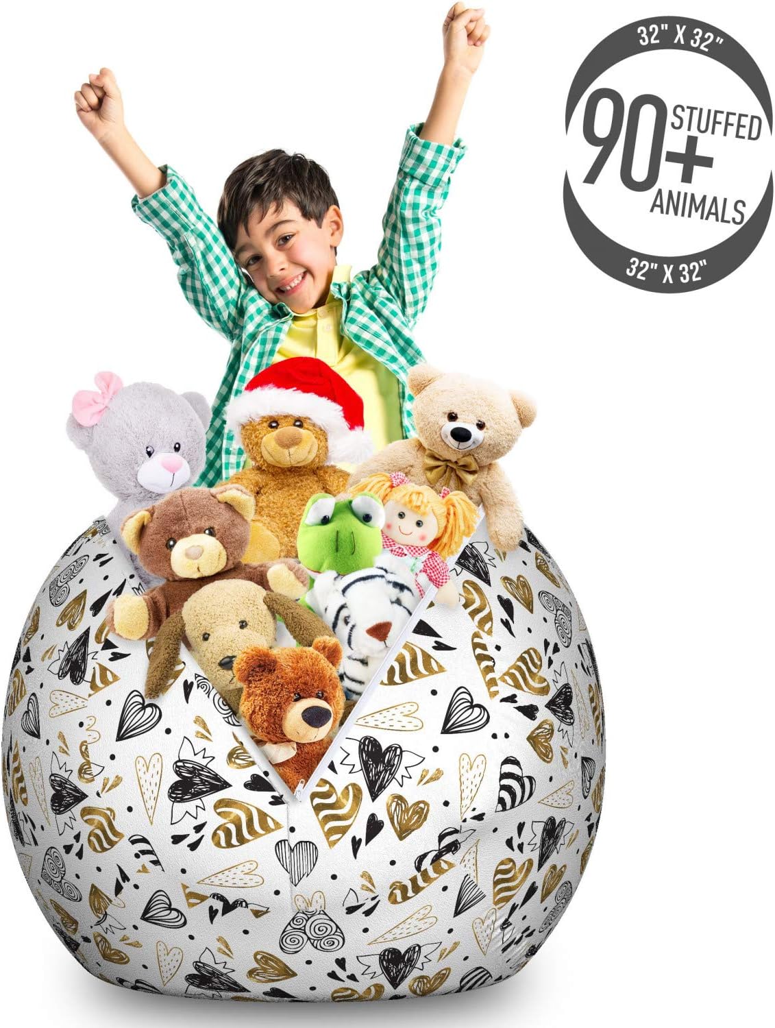 Ambesonne Love Storage Toy Bag Chair, Illustration of Hand Drawn Scribbled Various Hearts, Stuffed Animal Organizer Washable Bag, Large Size, Multicolor