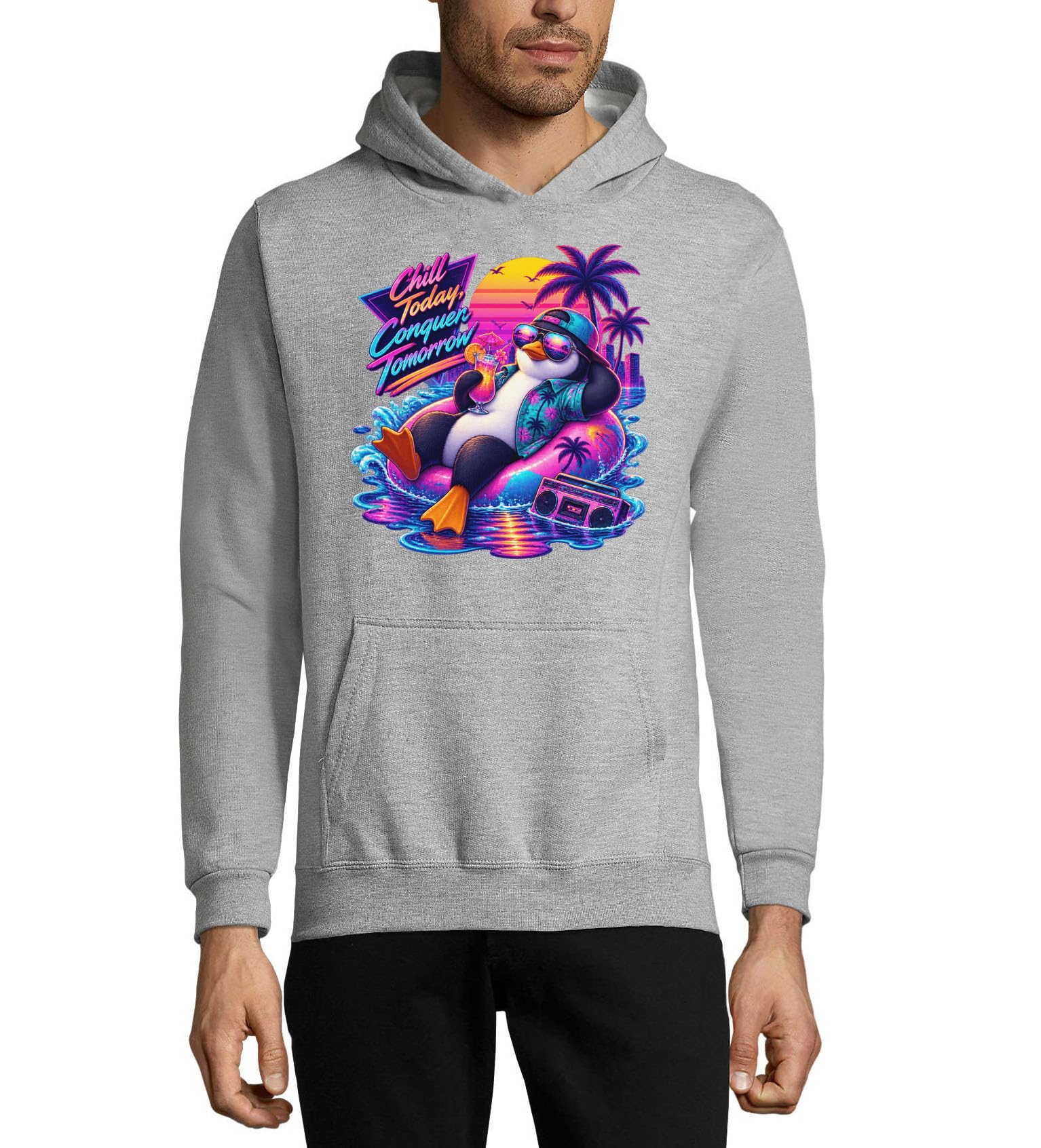 Relaksujący pingwin cieszący się tropikalnymi wibracjami zachodu słońca unisex mieszanka bawełny bluza z kapturem bluza z kapturem szara