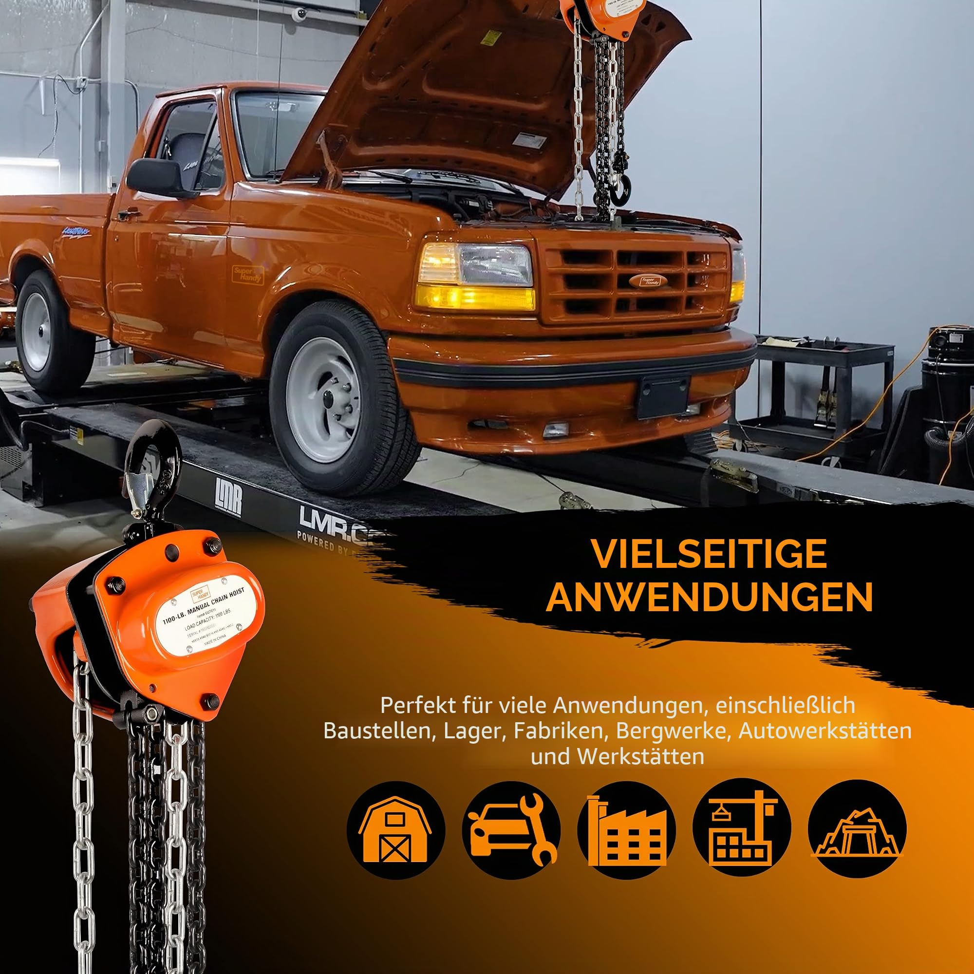 SuperHandy Kettenzug, 1000 kg Tragkraft, 3 m verzinkte Kette | Manueller Kettenblock mit 2 robusten Lasthaken für sicheres Heben in Werkstatt, Garage und Baustelle