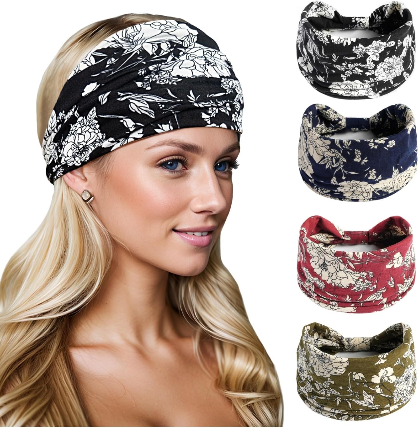 spadera 4 Pcs Wide Headbands for Women, Boho Bandeau Head Bands, Workout Head Wraps, Stretch No Slip Hair Wraps Pack of 4 (Flower)-picture-43