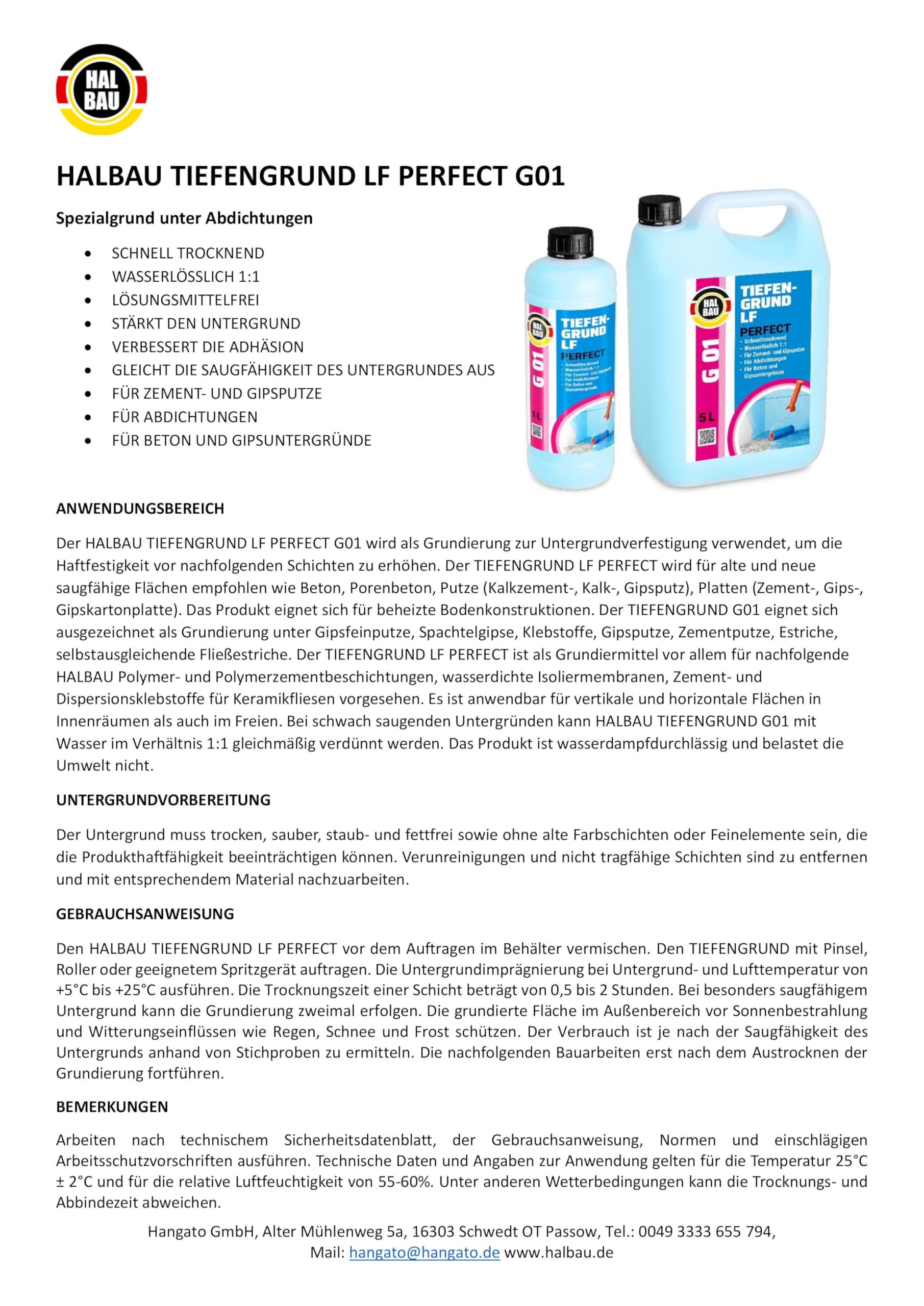 Tiefengrund LF Perfect 20 L, Voranstrich unter Abdichtungen, Grundierung für Putz, Beton + Farbroller 25cm Mikrofaser Set G01