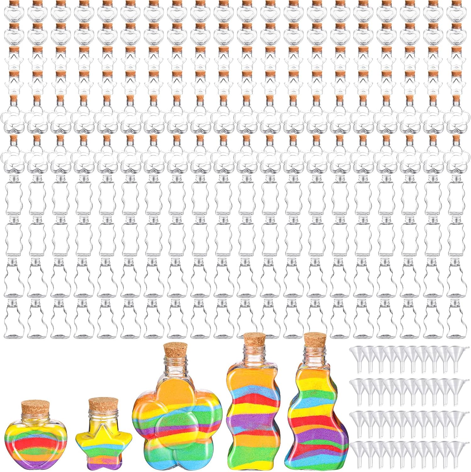 Shappy 100 Pcs Plastic Sand Art Bottles with Cork and Funnels Clear Sand Art Containers for Boys and Girls Craft Collection Bottle for DIY Crafts Halloween Christmas Party Favors, 5 Style