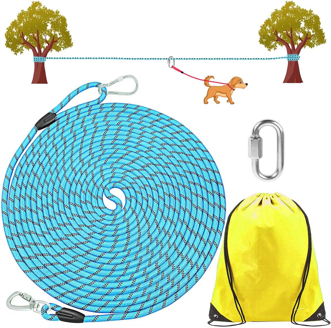 Multifunctional Reflective Dog Tie Out Cable 100ft for Camping & Backyard，Runner Trolley System for Dog Up to 300 lbs，Outdoor Zip Line Long Leash with Handle and Removable Connection Ring