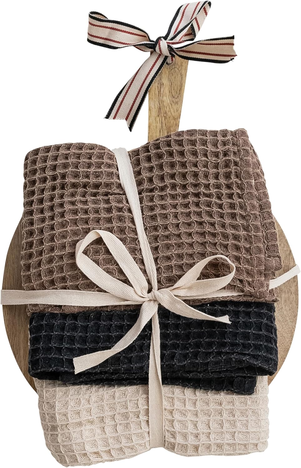 Creative Co-Op Mango Wood Cheese Board and 3-Piece Stonewashed Cotton Tea Towel Set, Multicolor and Natural
