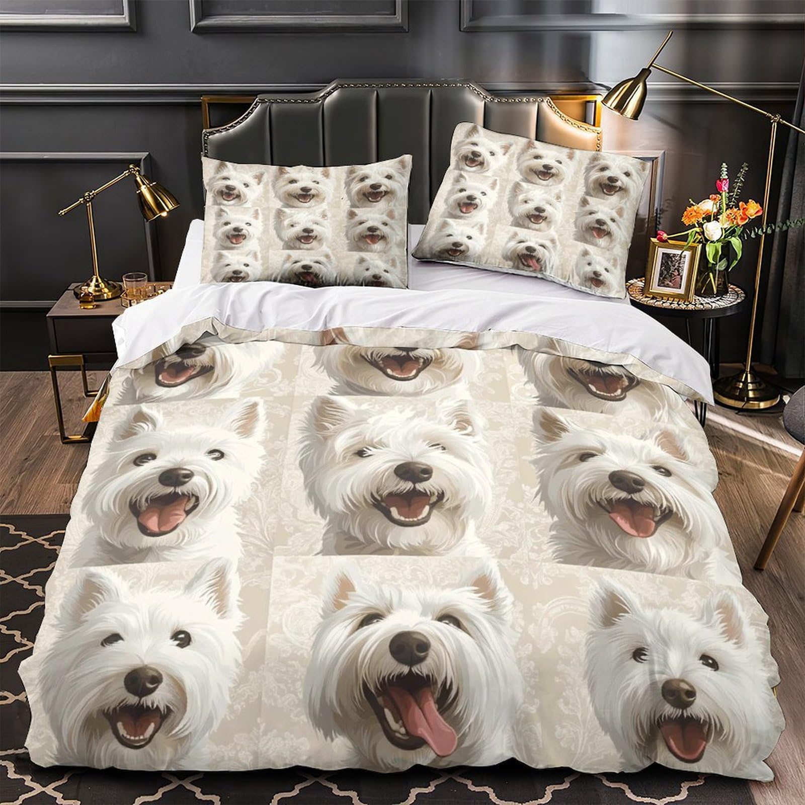 Housse de couette lit 1 personne motif chien blanc imprimé 3D avec taie d'oreiller légère
