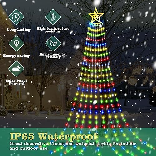 Miniatura 5 de Luces de cascada de Navidad alimentadas por energía solar al aire libre, impermeables, 350 luces LED de estrella, luces de árbol, 8 modos y control