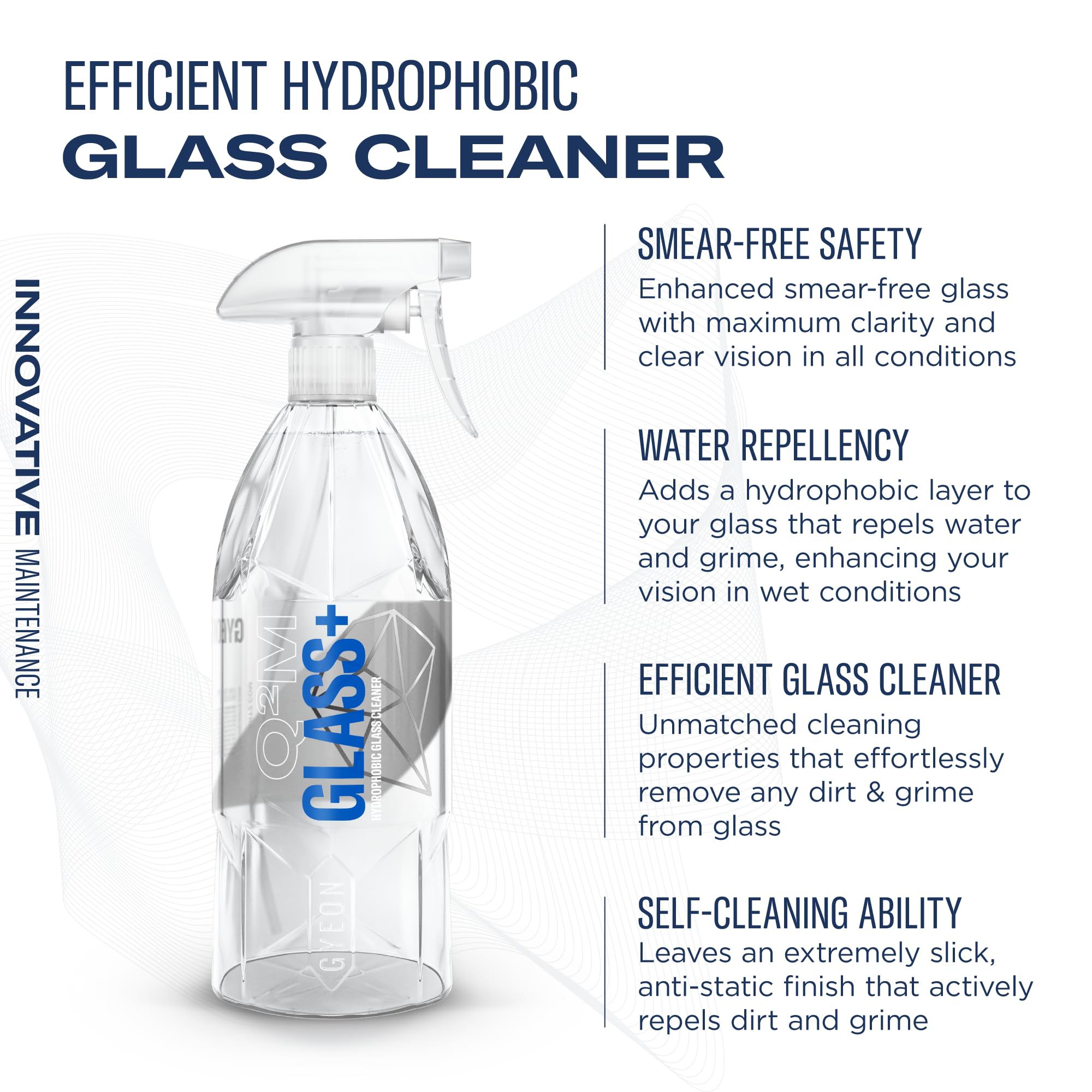 GYEON Q²M Glass+ - Limpiador hidrofóbico de cristal para coche, visión mejorada en todas las condiciones, autolimpiante y repelente al agua, superficie lisa y antiestática, kit de mantenimiento de