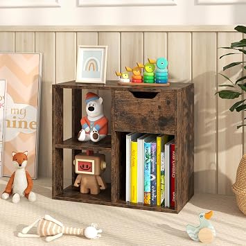 COSTWAY Sofa Side Table, Wooden Nightstand Bedside End Table with 2-Tier Open Shelves, Bottom Cube and Drawer, Narrow Accent Tea Table for Living Room Bedroom Office (Rustic Brown)