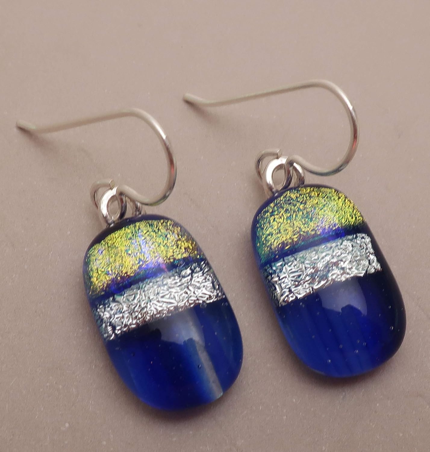 Blue Gold Oval Fused dichroic glass earrings .925 sterling silver n141