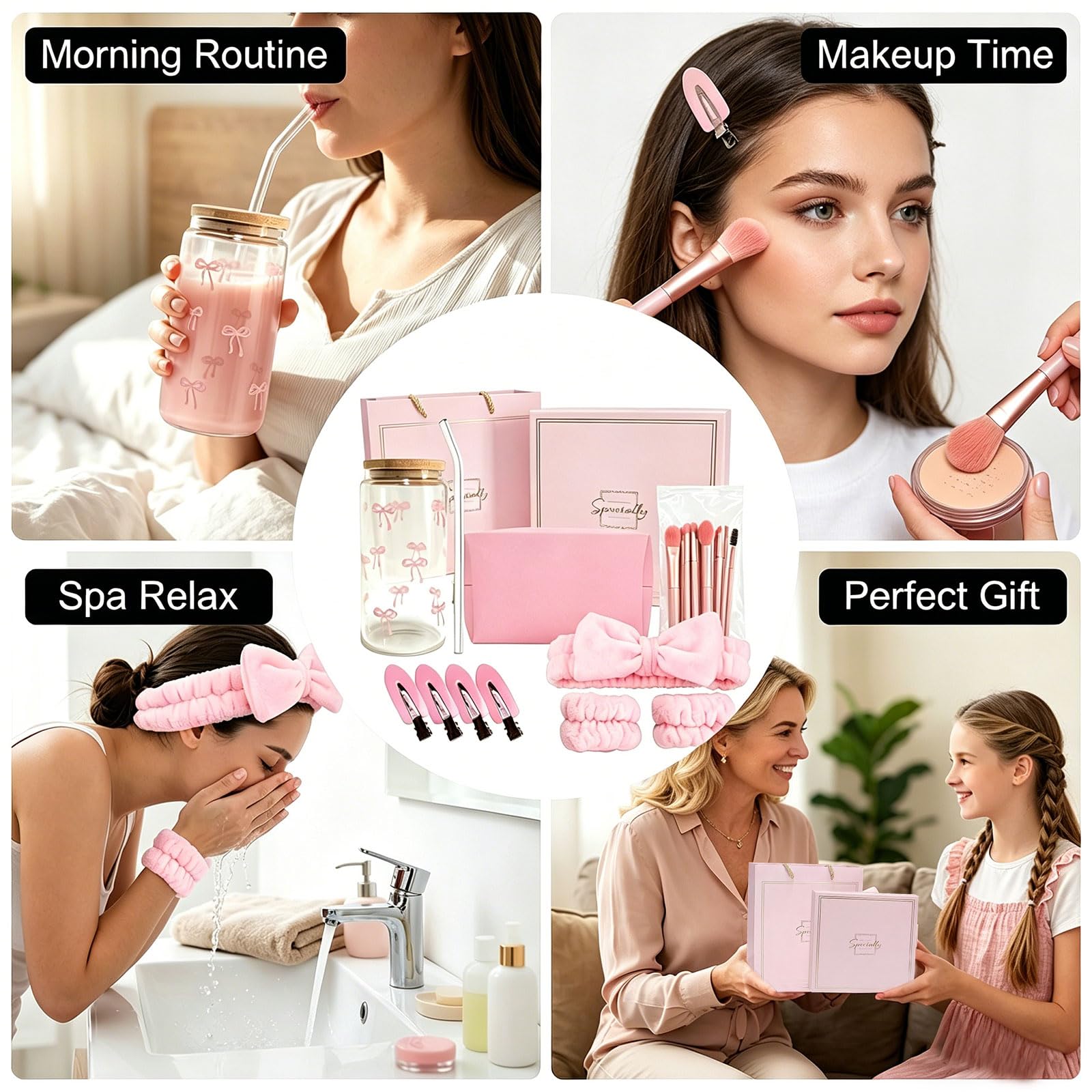 rosa Geschenkbox Regalo per Ragazze Teenager 9-16 Anni, Set Regalo di Compleanno con Bicchiere di Vetro, Cannuccia, Coperchio, Pennelli Trucco, Borsetta Cosmetica, Fermaglio per Capelli,