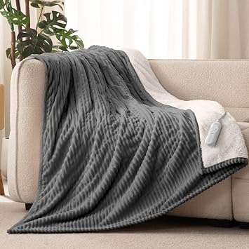 Reaks Electric Heated Throw Blanket, Silky Soft Flannel & Sherpa Heating Blanket Throw with 5 Heat Levels & 3 Hours Auto Off, Warm Gifts for Women Mom Grandma, ETL Certified 50x60 inches, Grey
