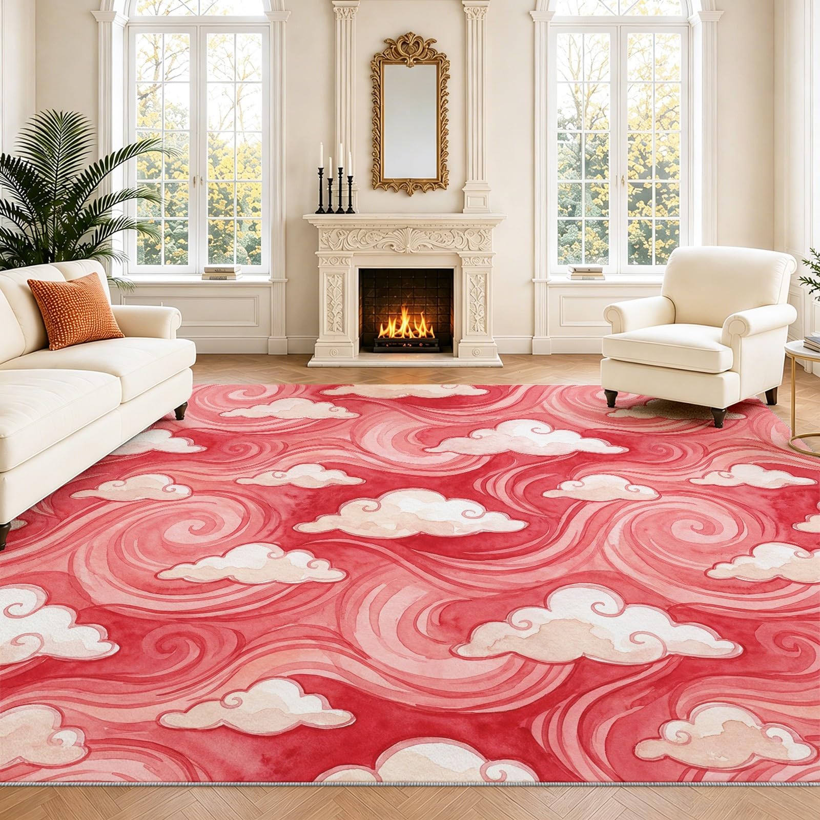 Tappeto lavabile per soggiorno, motivo astratto, acquerello, antiscivolo, romantico, nuvole, spirali, a pelo corto, per camera da letto, sala da pranzo e cucina, in morbida flanella, 80 x 120 cm, rosa