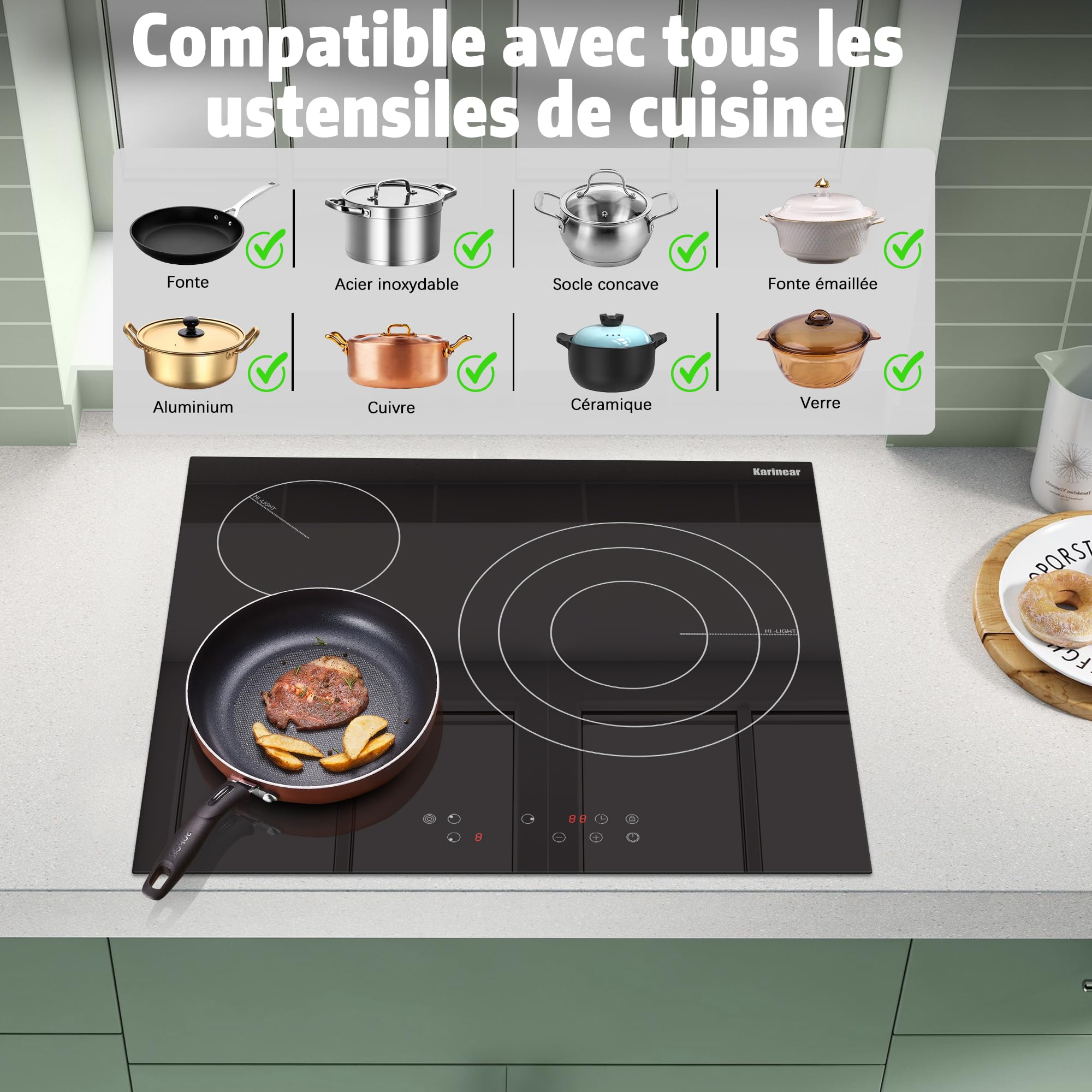 Karinear Plaque de cuisson Vitrocéramique 3 Feux | Table de Cuisson Électrique 59CM, Grand Disque, Commande Tactile, Minuterie, Verrouillage de Sécurité, 5700W, 220V