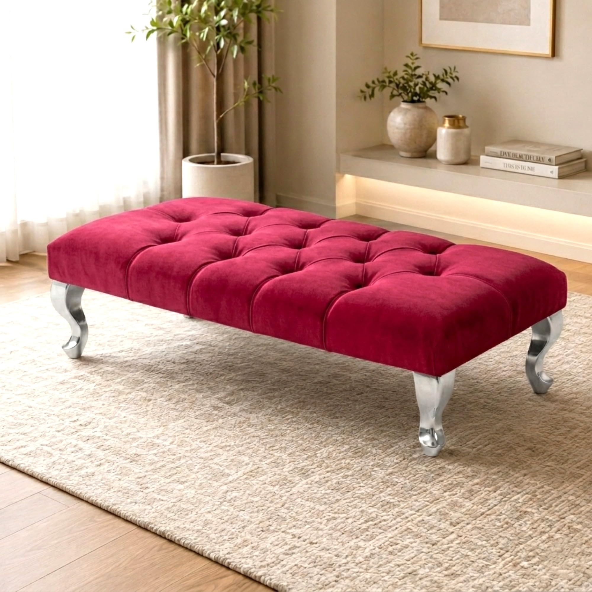 Aiza Chesterfield Velvet Footstool Bench Silver Legs 102cm - Red