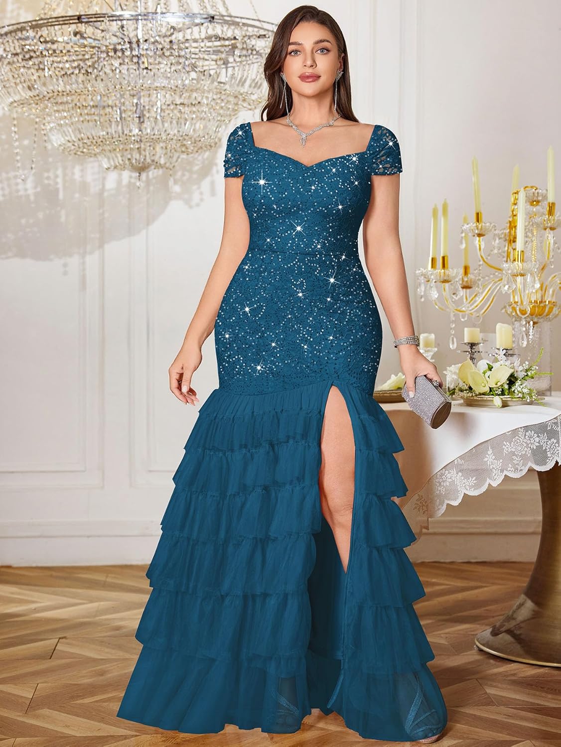 MISSMAY Women's Plus Size Sequin Floral Lace Mesh Tiered Ruffle Slit Mermaid Long Formal Evening Gown Dress - Image 4