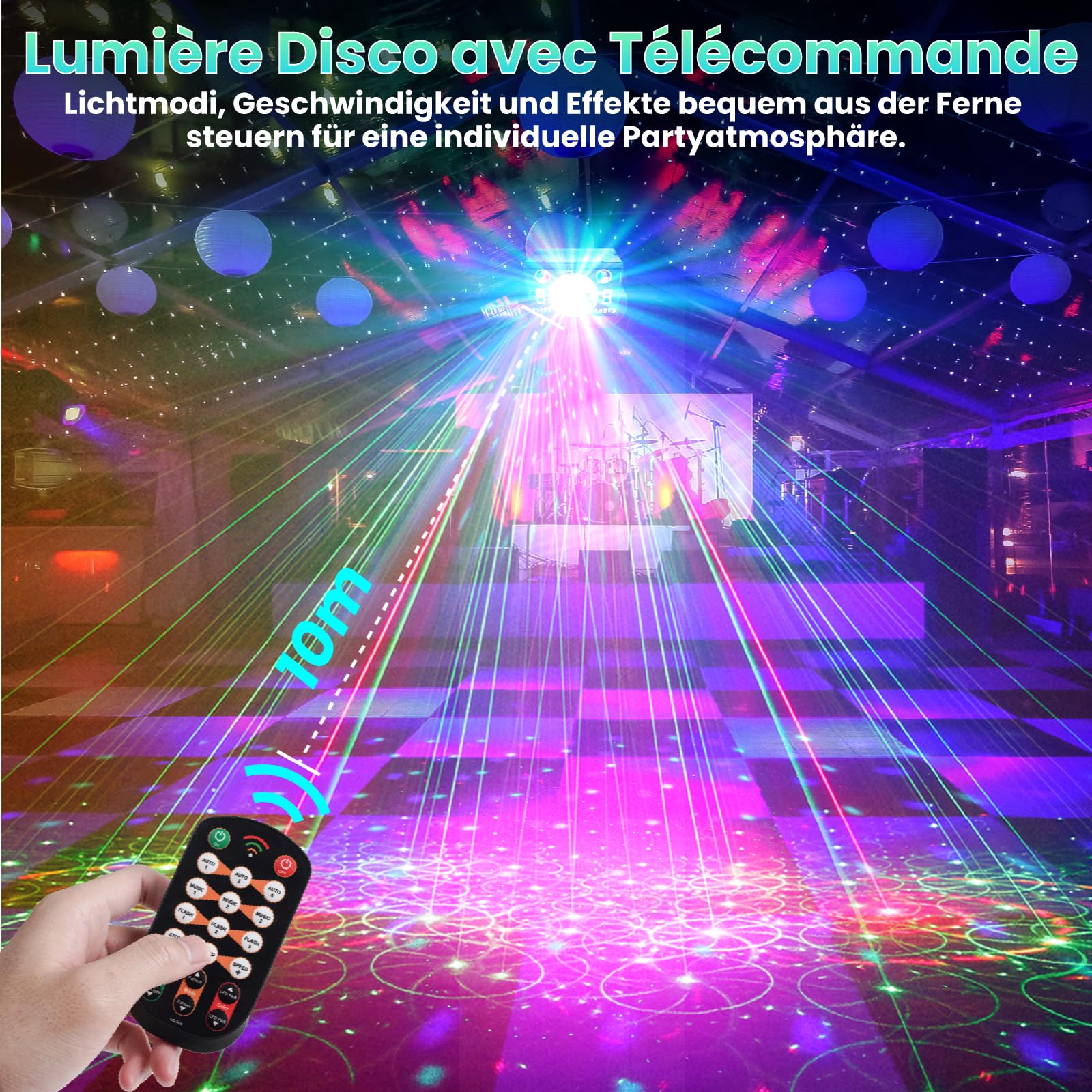 Lampe de Scène avec Télécommande, Rotative Boule Disco avec Stroboscope et Laser, Lumière Disco 120 Effets Lumineux RGB, Jeux de Lumière DJ, Lumiere Soirée Laser DJ pour Fête Noël Halloween