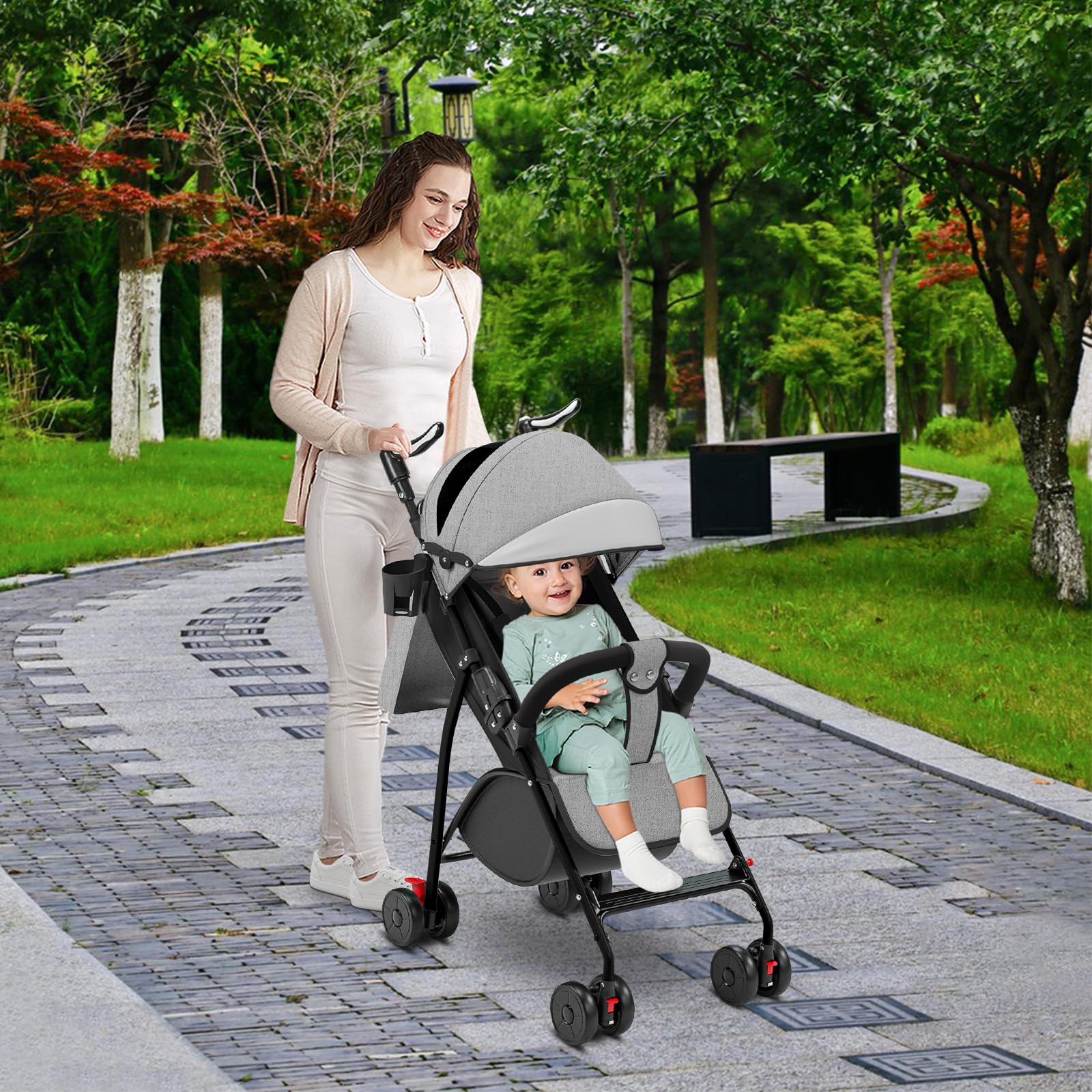 Ingenious - Passeggino a canna compatto, con posizione allungata, dalla nascita ai 4 anni (fino a 25 kg), seduto o sdraiato, maniglia regolabile, carrozzina a 4 ruote con tappetino in cotone +