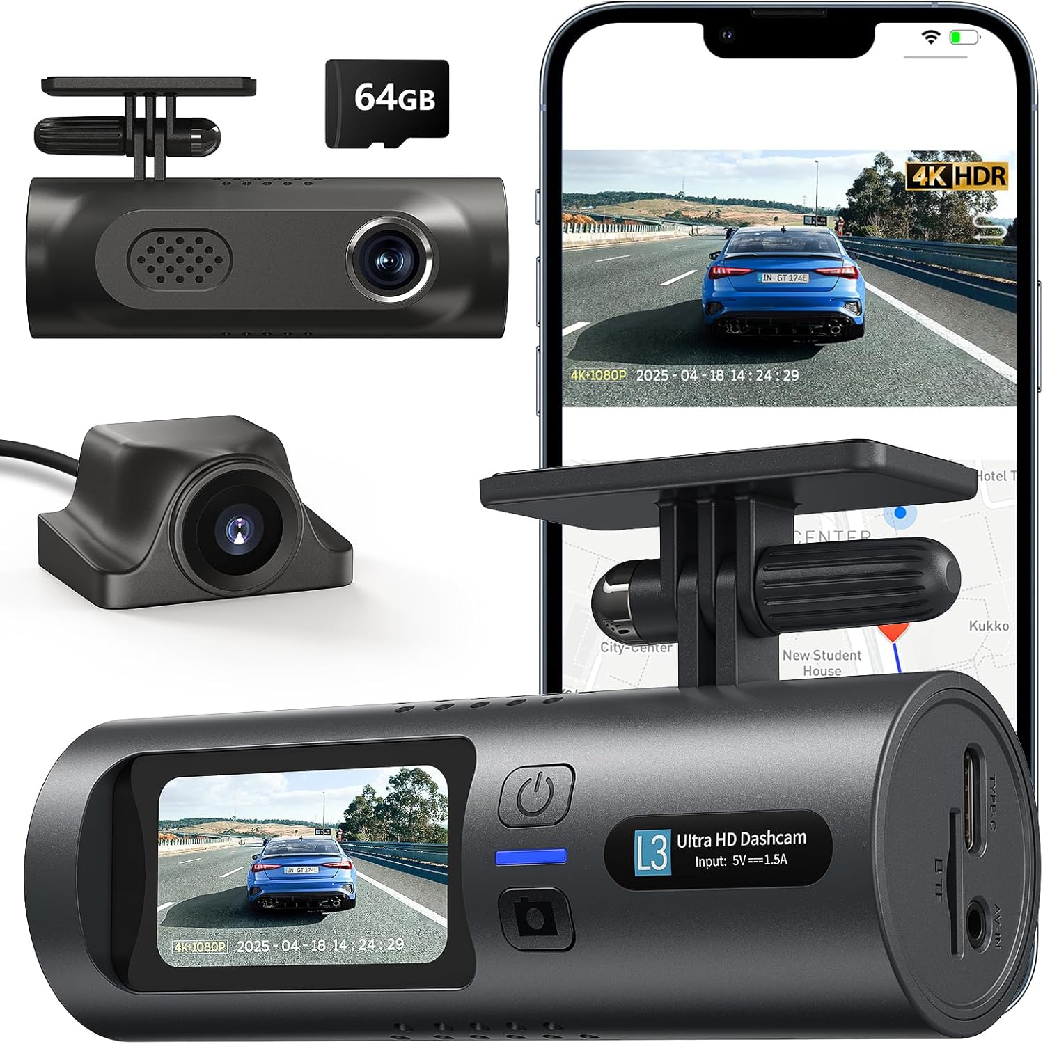4K Dual Dash Cam Front and Rear 4K/1080P Full HD Dash Camera for Cars, 5G Wi-Fi & App Control car Camera with Night Vision, 170°Wide Angle, WDR, 24H Parking Mode, Free 64GB Card Included