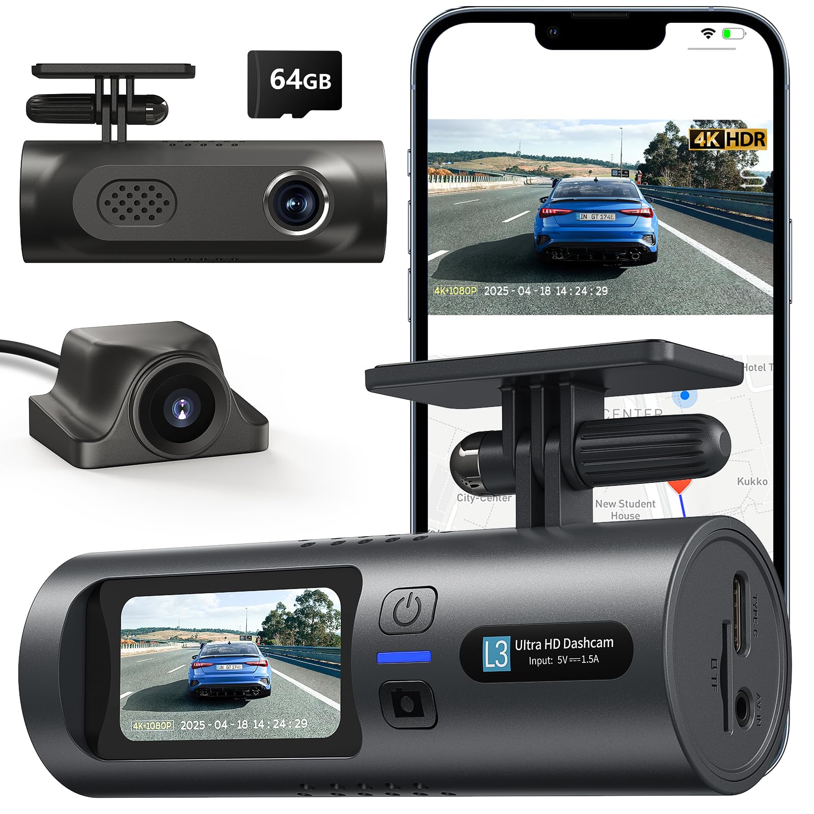 4K Dual Dash Cam Front and Rear 4K 1080P Full HD Dash Camera for Cars 5G Wi-Fi App