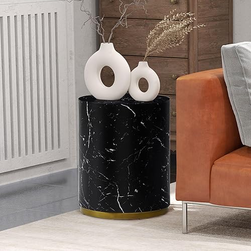 Miniatura 3 de kevinplus Mesa auxiliar negra para sala de estar, grano de mármol sintético, negro y dorado (diámetro de 15.7 x 19.6 pulgadas)