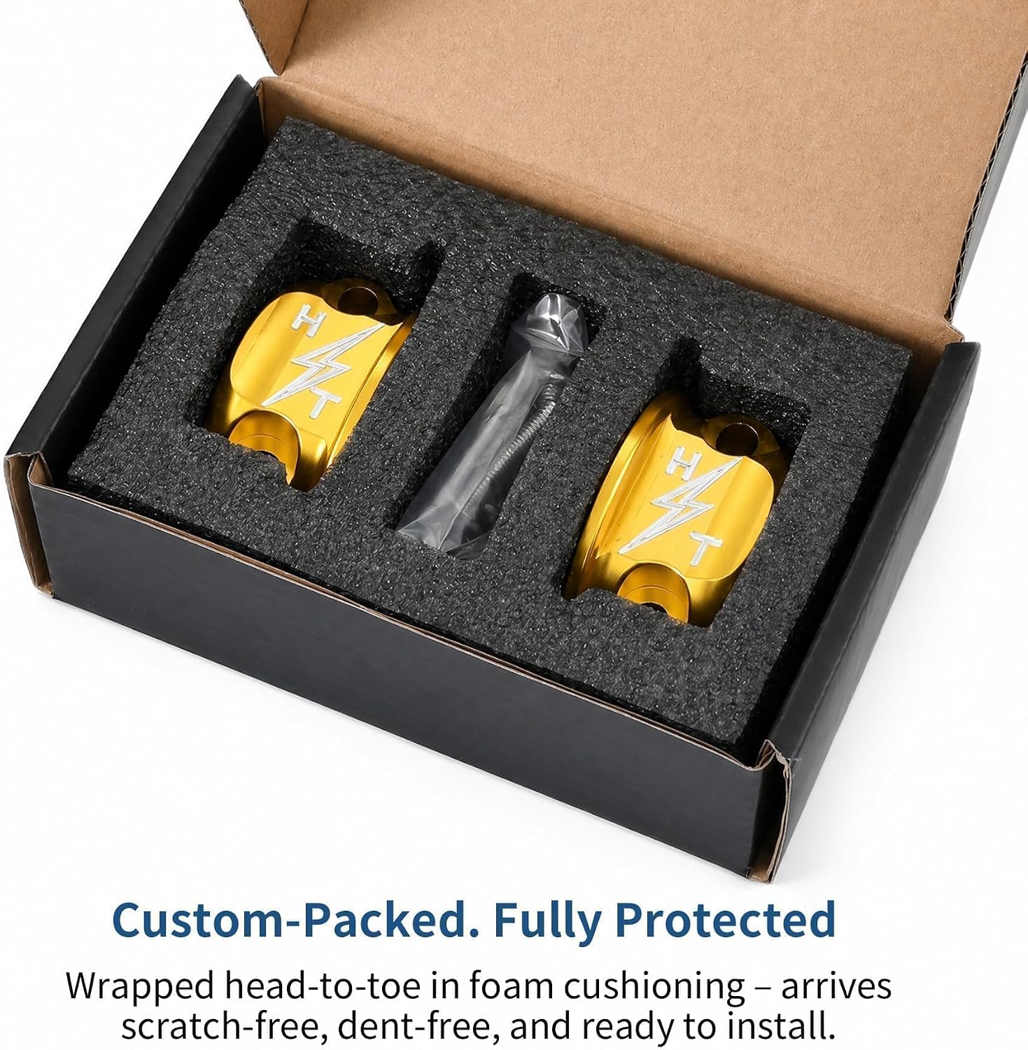 Gold Lightning Logo Brake Clutch Perch Half Clamps, CNC 7075 Aluminum Handlebar Control Clamps Compatible with Select Softail, Dyna, Sportster & Touring Models
