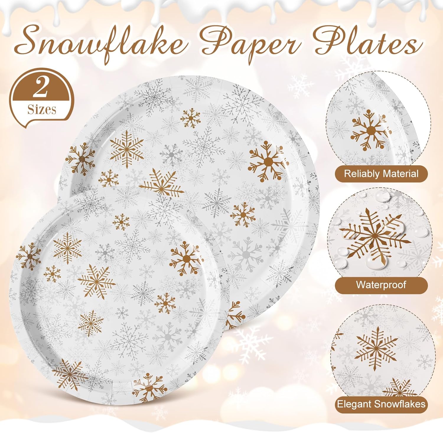 210 Pcs Winter Snowflake Tableware Set Winter Wonderland Party Supplies Disposable Snowflake Paper Plates Napkin Cup Plastic Knife Fork Spoon Party Dinnerwares (Gold)