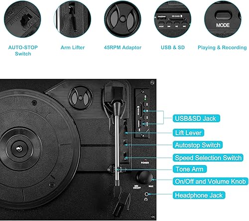 Miniatura 20 de Vinilos Tocadiscos Tocadiscos - Tocadiscos para vinilo con altavoces, tocadiscos con altavoces, tocadiscos, tocadiscos, portátil, con 3 velocidades