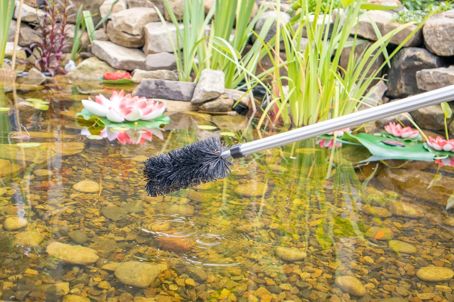 Water Garden Koi Fish Pond Cleaning Brush with 70" (1.7m) Telescopic Pole, Extends for Hard to Reach Areas | Backyard Pond Scrub Brush Durable Nylon Bristles